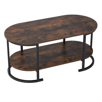 Front. Pefilos - 2-Tier Oval Wood Coffee Table, Spacious Tabletop Surface, Open Storage Shelf, Sturdy Metal Frame, Rustic Brown & Black - Brown.