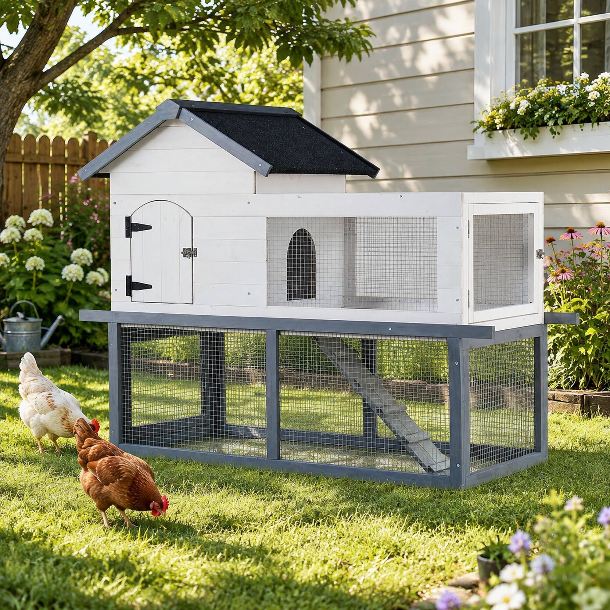 Alt View 1. RYHNUYNE - 53 in Wooden Chicken Coop and Rabbit Hutch, Double-Tier Indoor Outdoor Pet House, Asphalt Roof, Fir Wood.