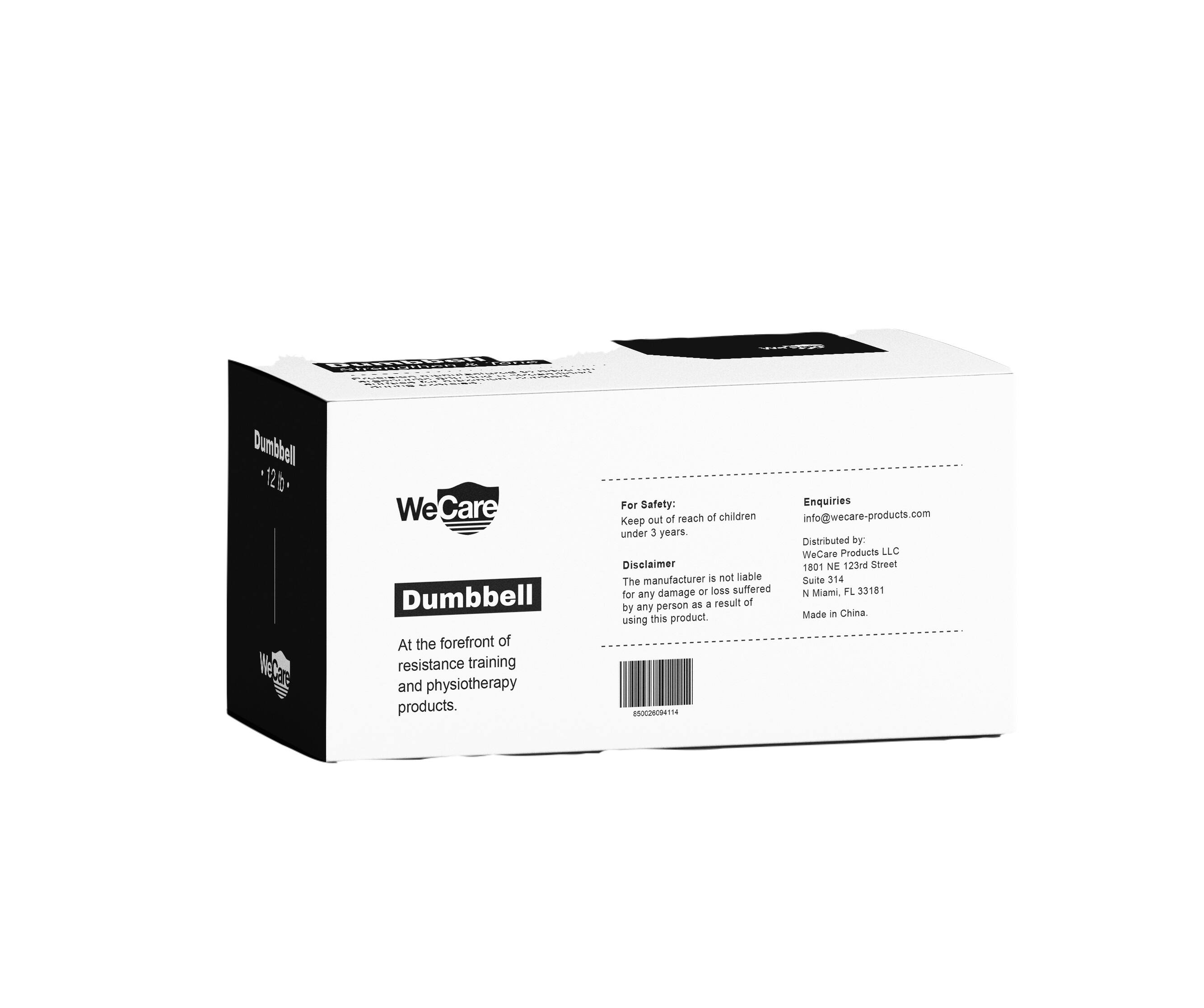 Dumbbell 12 lbs

We Care Dumbbell
At the forefront of resistance training and physiotherapy products.

For Safety: Keep out of reach of children under 3 years.
Enquiries: info@wecare-products.com

Disclaimer: The manufacturer is not liable for any damage or loss suffered by any person as a result of using this product.

Distributed by: WeCare Products LLC
Suite 314, 1801 NE 123rd Street
Miami, FL 33181
Made in China

c2e094114