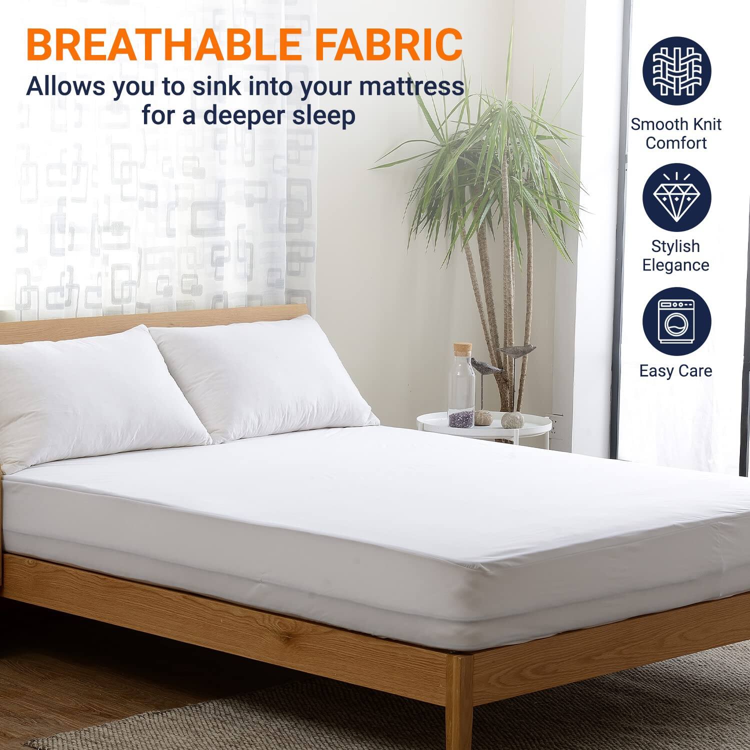 BREATHABLE FABRIC  
Allows you to sink into your mattress for a deeper sleep

Smooth Knit Comfort  
Stylish Elegance  
Easy Care