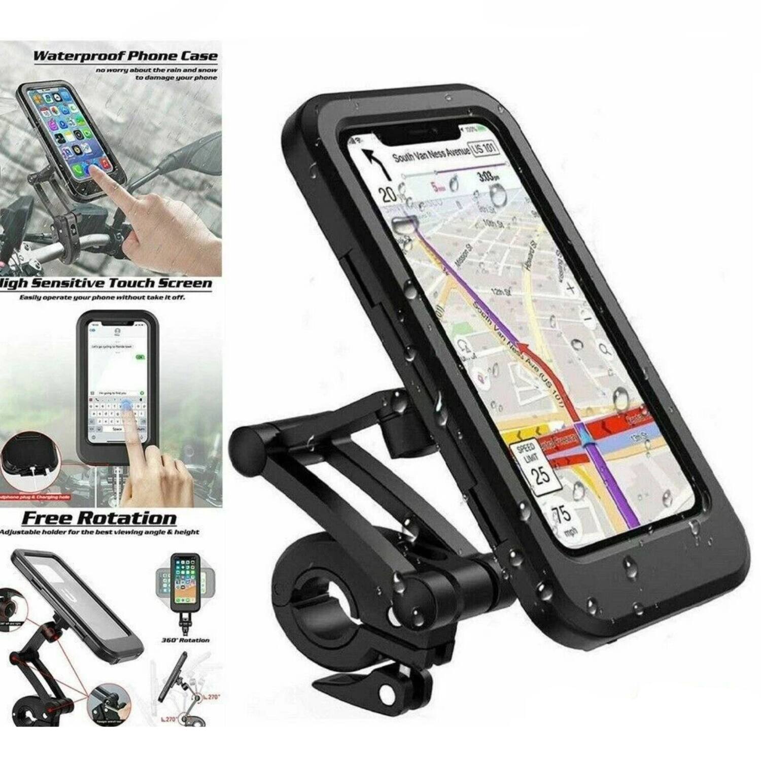 Waterproof Phone Case  
no worry about the rain and snow to damage your phone  

High Sensitive Touch Screen  
Easily operate your phone without take it off.  

Free Rotation  
Adjustable holder for the best viewing angle & height  
360° rotation  
270° rotation  

Speed Limit 25  
75 mph  

South Van Ness Avenue (US 101)  
300m  
20  
1003 Mission  
12V + 3 Hie B E  
Free Rotation Adjustable height for the best viewing angle.  
height SPEED LIMIT 25 75 mph  
360° rotation  
210 L270
