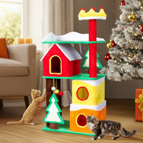 Front. Winado - Christmas Themed Plush Multi-level Cat Tower Tree with Condos for Indoor Holiday Decoration.