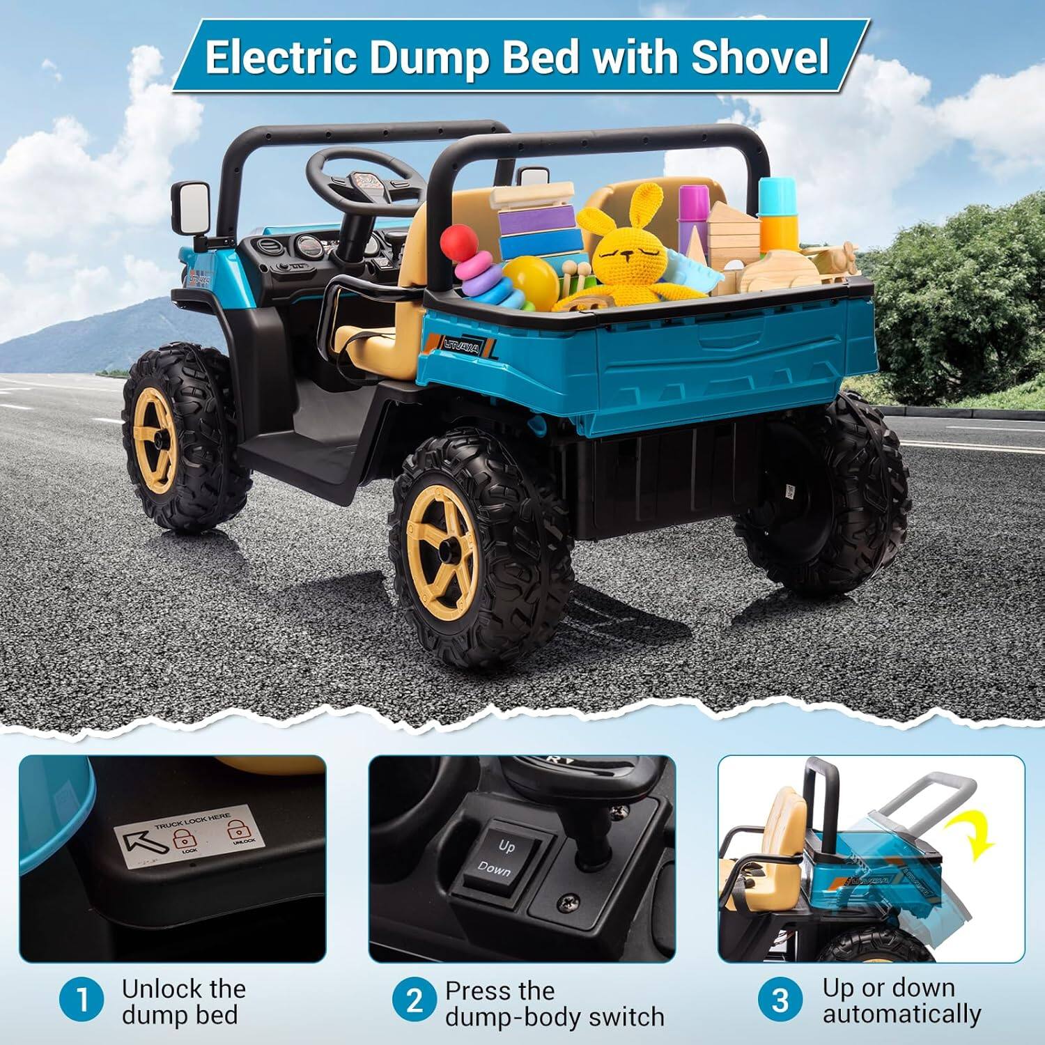 Electric Dump Bed with Shovel

1. Unlock the dump bed
2. Press the dump-body switch
3. Up or down automatically