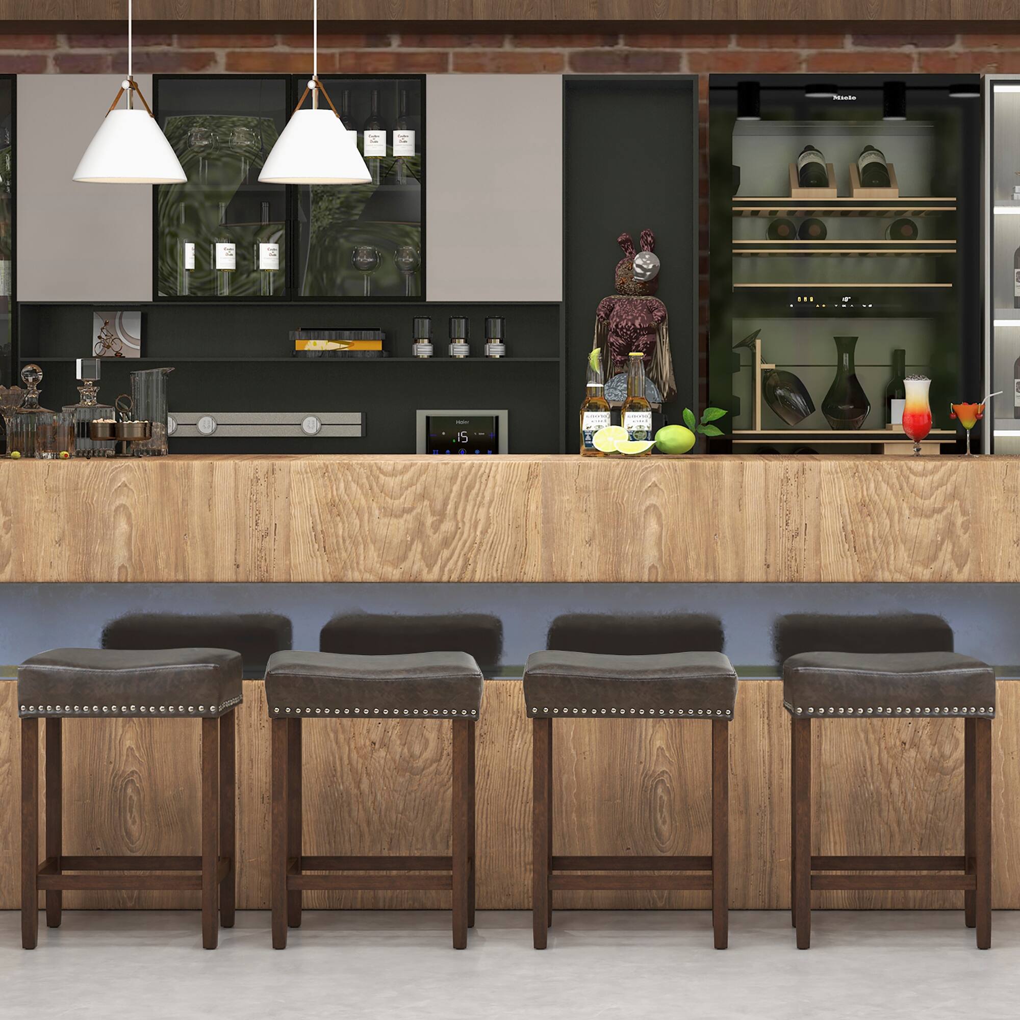 Alt View 1. Gymax - Gymax Bar Stool Set of 4 24-Inch Counter Height Saddle Stools w/ PU Leather Upholstery Gray & Brown - Gray, Brown.