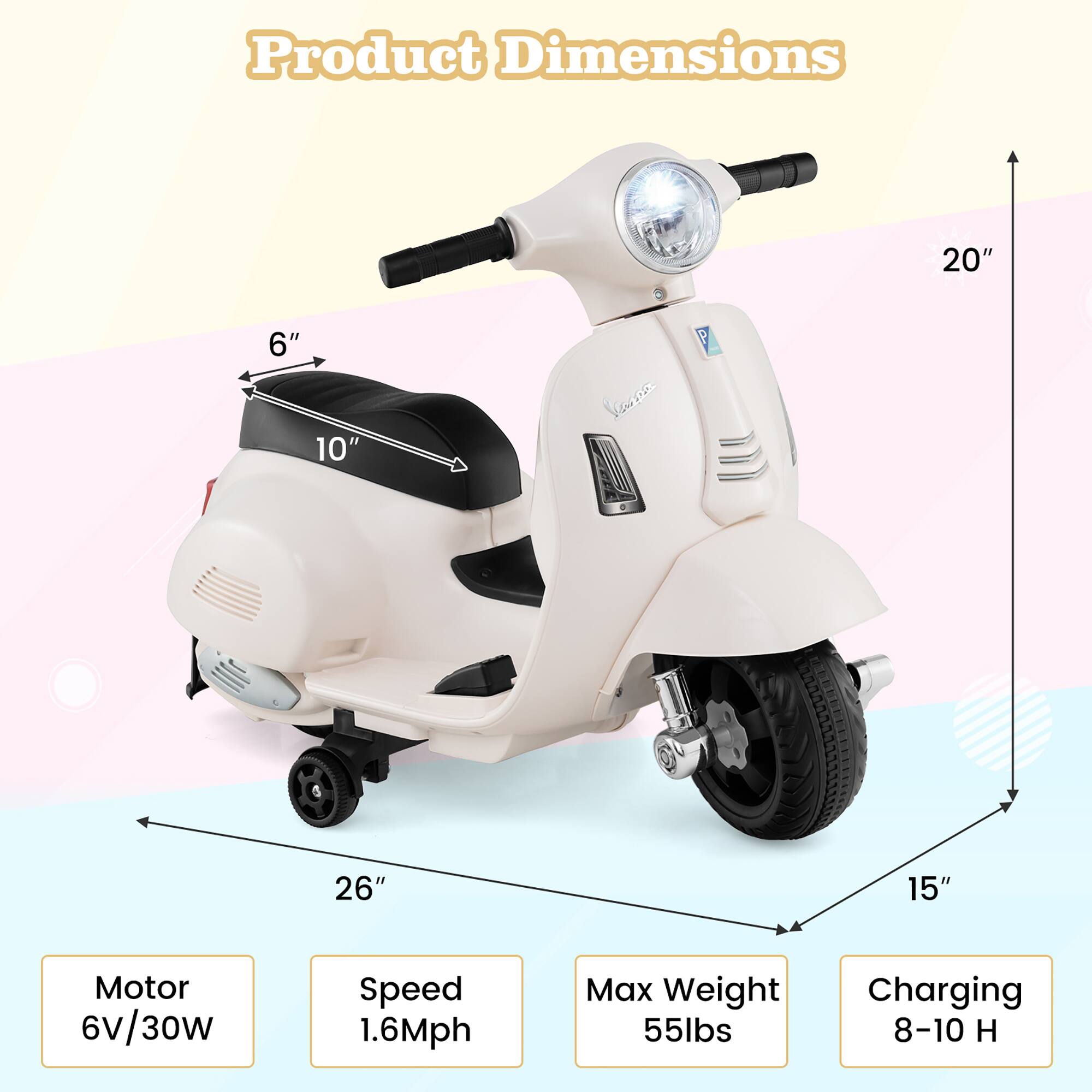 Product Dimensions  
20" x 6" x 10" x 26" x 15"  

Motor: 6V/30W  
Speed: 1.6Mph  
Max Weight: 55lbs  
Charging: 8-10 H