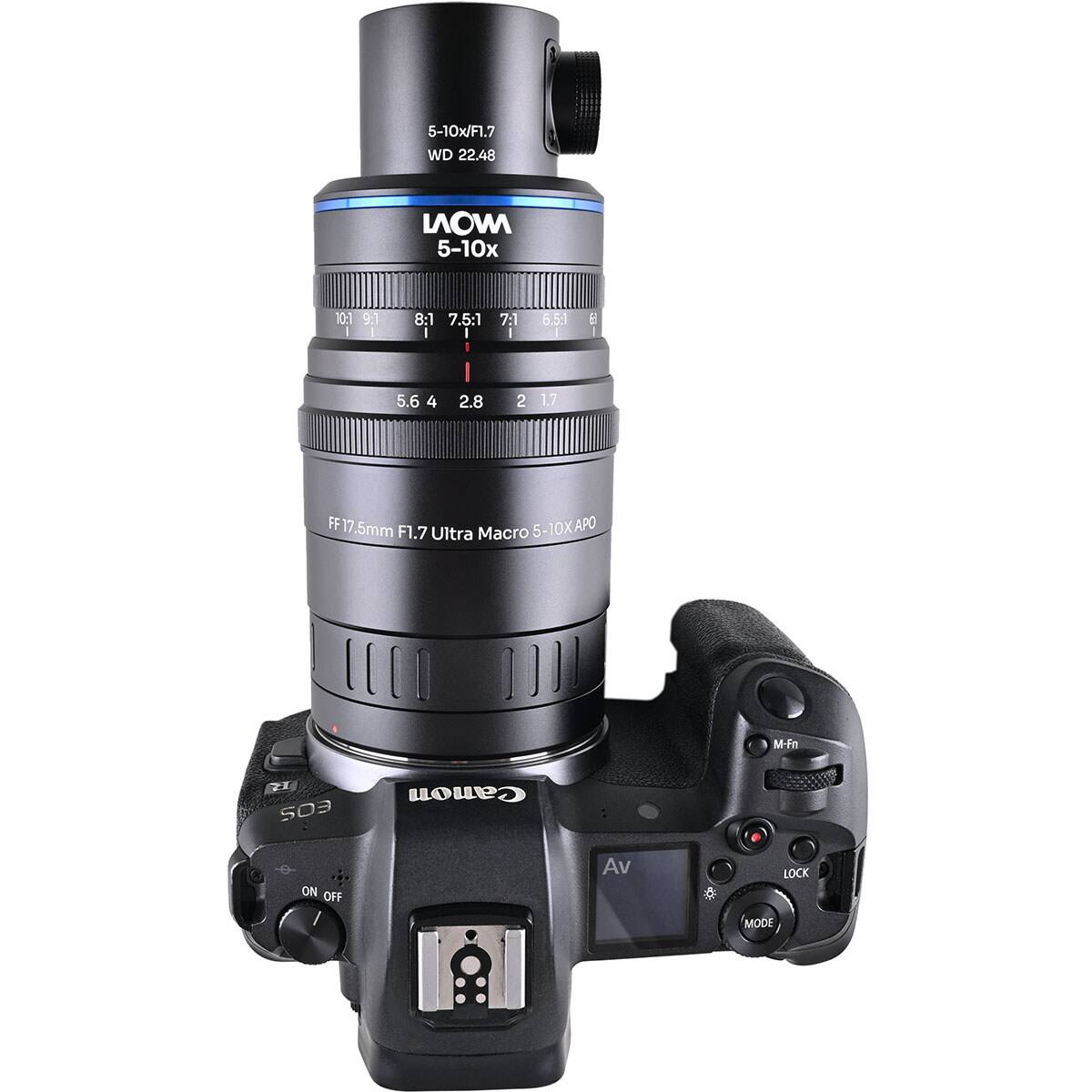 5-10x/Fl.7 WD 22.48  
LAOW 5-10x  
10:1 9:1  
8:1 7.5:1  
7:1  
6.5:1  
6:1  
5.6 4  
2.8  
2  
1.7  
FF 17mm F1.7 Ultra Macro 5-10X APO  
M-Fn  
H 503  
Canon  
ON OFF  
Av  
LOCK  
MODE