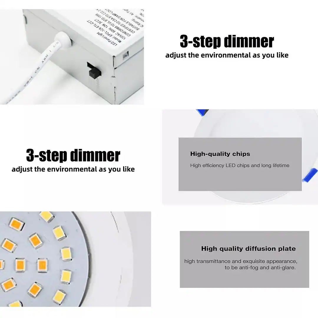 AWM CIU L-MA  
23 LOC Tigh di 1598 C22 DAMP Air NO. STD STD mable 3CCT UL CSA TO FOR E Rating: 12W TO SUITABLE IC 60Hz 120VAC CERTIFIED LED Panel Light Model:  
3-step dimmer adjust the environmental as you like  
3-step dimmer adjust the environmental as you like  
High-quality chips High efficiency LED chips and long lifetime  
High quality diffusion plate  
high transmittance and exquisite appearance, to be anti-fog and anti-glare.