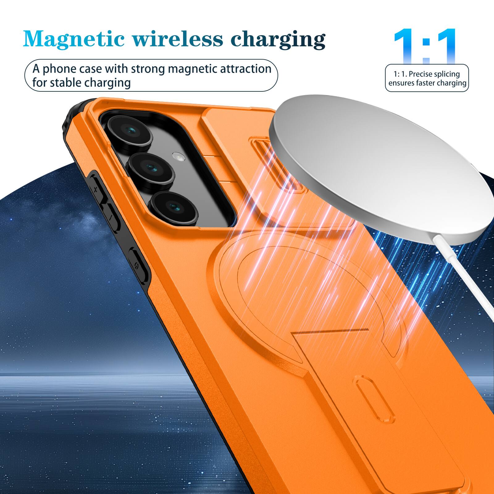 Magnetic wireless charging

A phone case with strong magnetic attraction for stable charging

1:1

1:1. Precise splicing ensures faster charging