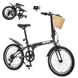 HTUTWOO - 20 " Folding Bike for Adults -6 Speed Steel Frame City Commuter Bicycle with Basket Phone Holder & Fenders,Dual V-Brake - Black