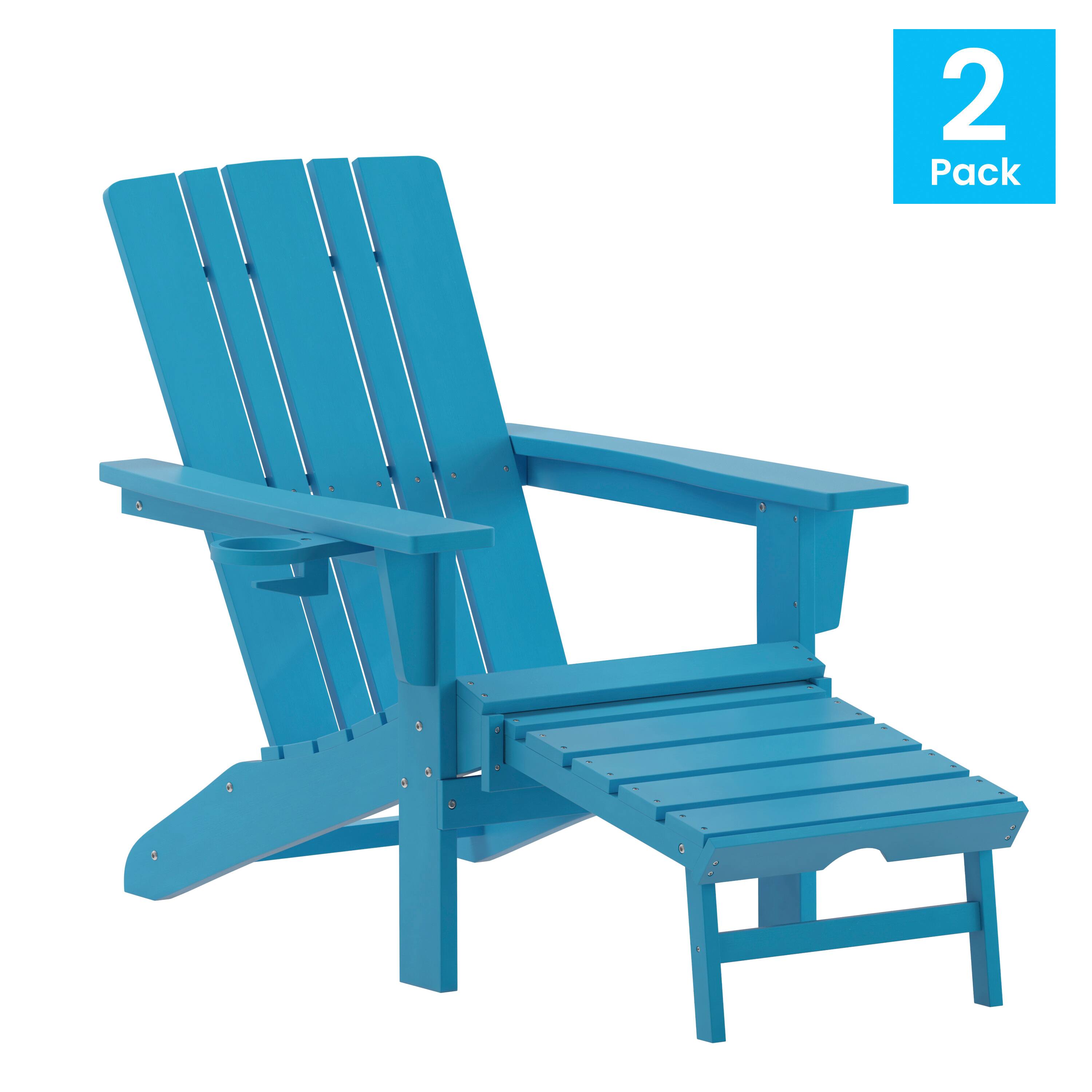 Alt View 1. Emma + Oliver - Haley Set of 2 Adirondack Chairs with Cup Holders and Pull Out Ottoman, All-Weather HDPE Indoor/Outdoor Lounge Chairs - Blue.