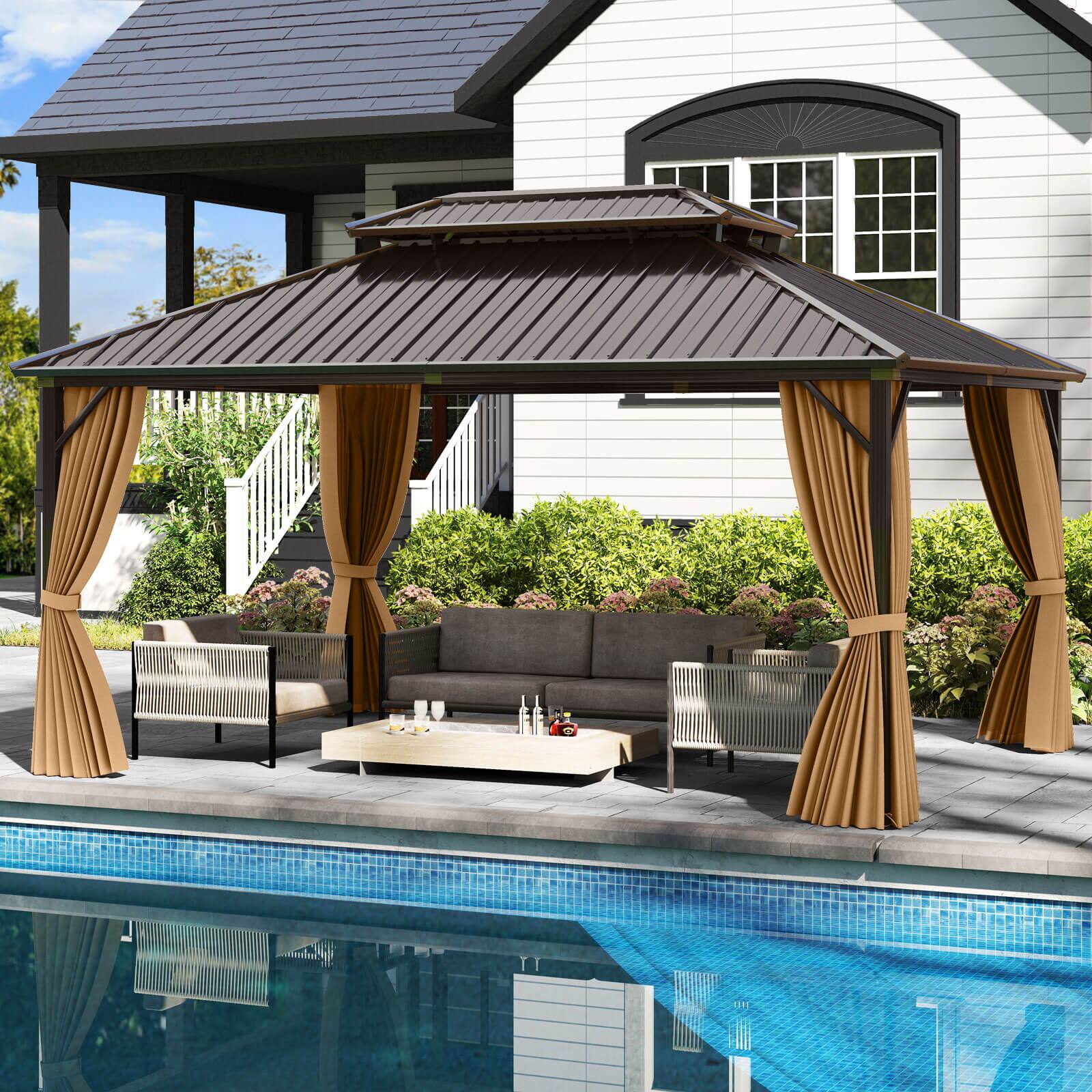 Alt View 3. Costway - Costway 16 x 12 FT Hardtop Gazebo Aluminum Frame Permanent Pavilion with Curtains & Netting - Brown.