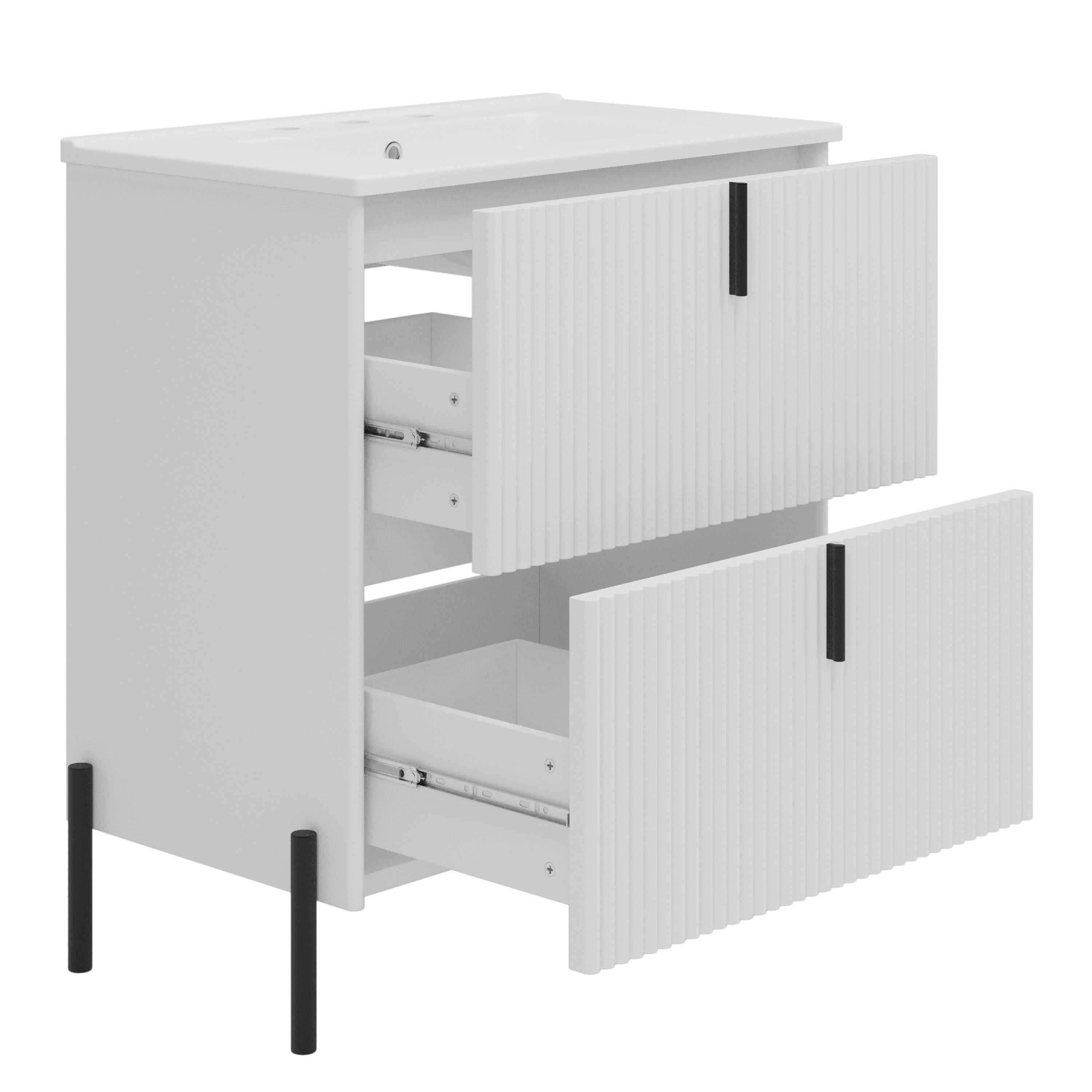 Left. Boyel Living - 30 Inch Bathroom Vanity with Ceramic Sink Vertical Pulls Full Extension Drawers Soft Close White - White.