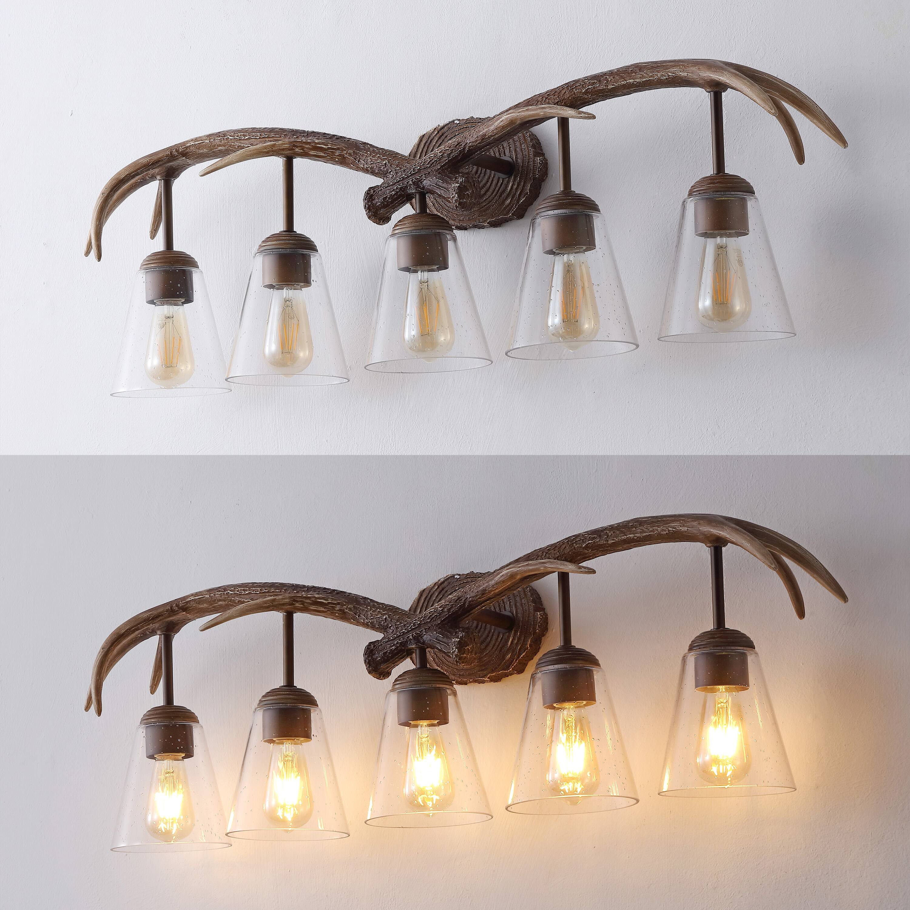 Alt View 3. Jonathan Y - Wyatt 37.75" 5-Light Southwestern Bohemian Resin/Seeded Glass Faux Antler LED Vanity Light, Brown Wood Finish - Brown Wood Finish.