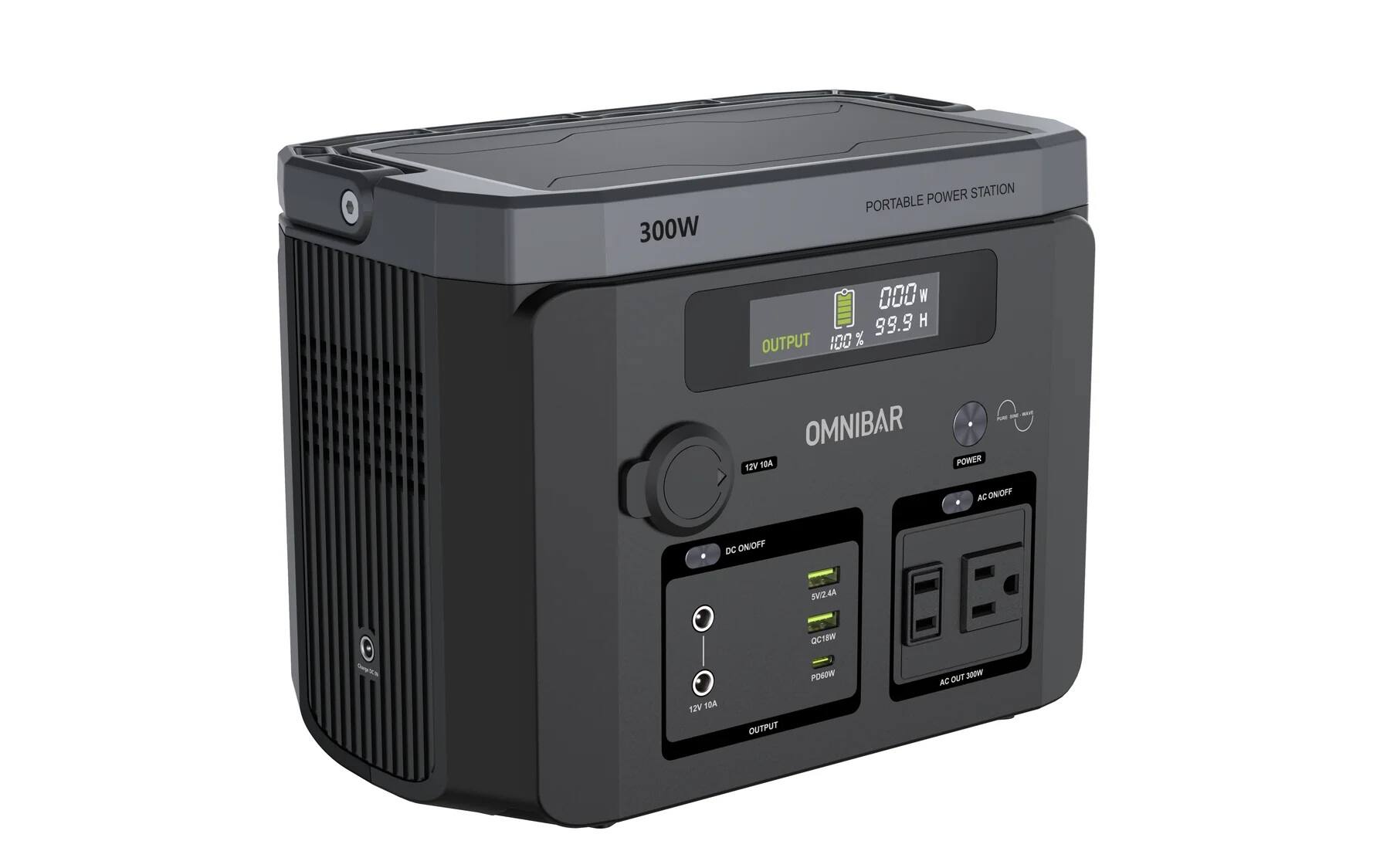 300W  
POWER STATION PORTABLE  
000 W 99.9 H OUTPUT 100 %  
OMNIBAR 12V 10A  
POWER  
AC ON/OFF  
DC ON/OFF  
5V/2.4A  
QC18W  
PD60W  
OUT 300W AC  
12V 10A  
OUTPUT