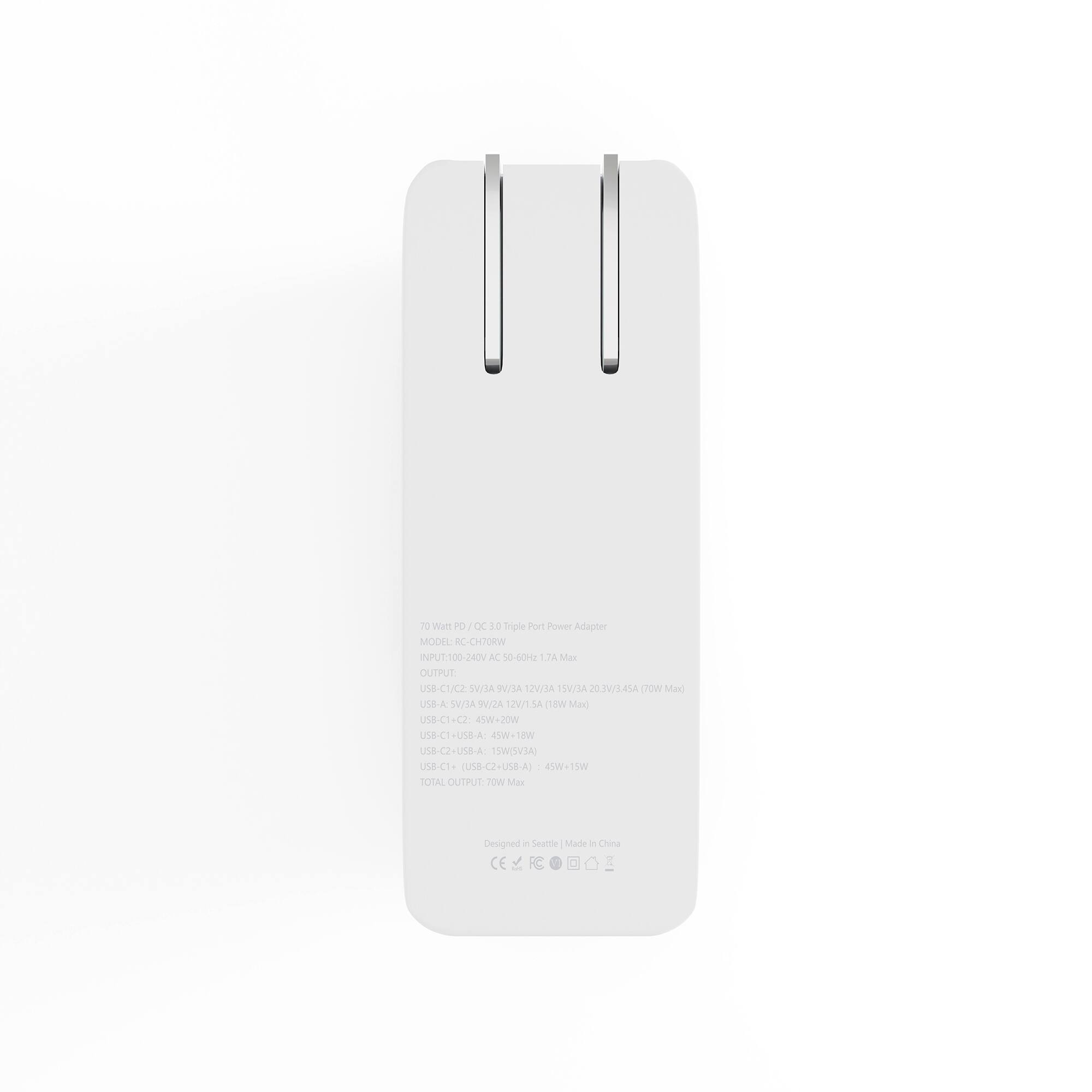 70 Watt QC3.0 Triple Port Power Adapter  
MODEL: RC-CH70RW  
INPUT: 100-240V AC 50-60Hz 7A Max  
OUTPUT:  
USB-C1/C2: 5V/3A, 9V/3A, 12V/3A, 15V/3A, 20.3V/3.45A (70W Max)  
USB-A: 5V/3A, 12V/1.5A (18W Max)  
USB-C1+USB-C2: 45W+20W  
USB-C1+USB-A: 45W+18W  
USB-C2+USB-A: 15W (5V/3A)  
USB-C1+USB-C2+USB-A: 45W+15W  
TOTAL OUTPUT: 70W Max  

Designed in Seattle | Made in China