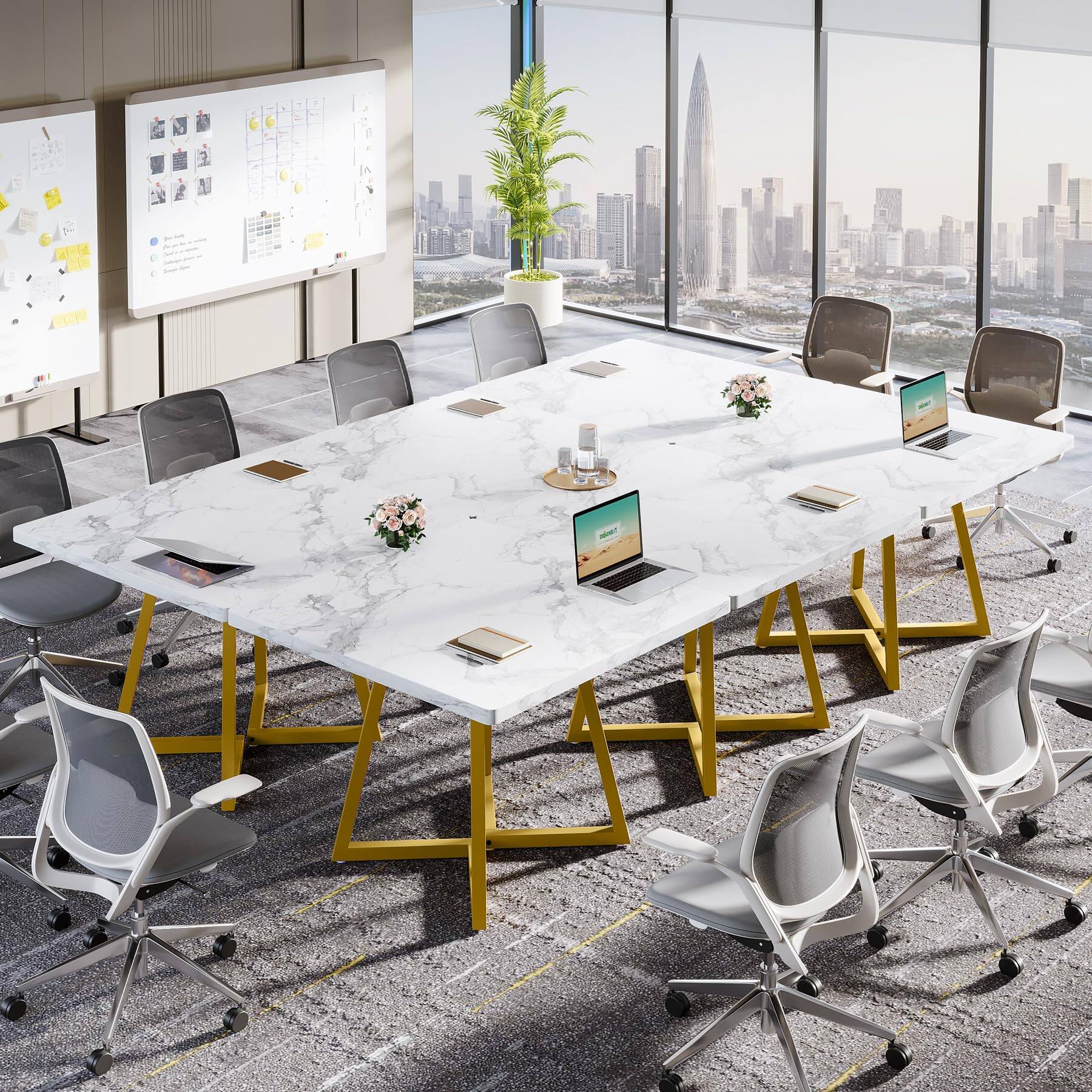 Alt View 2. Tribesigns - 31.5" Square Conference Table, Industrial Office Meeting Table for 4 People, Business Podcast Furniture with Metal Base - White & Gold.