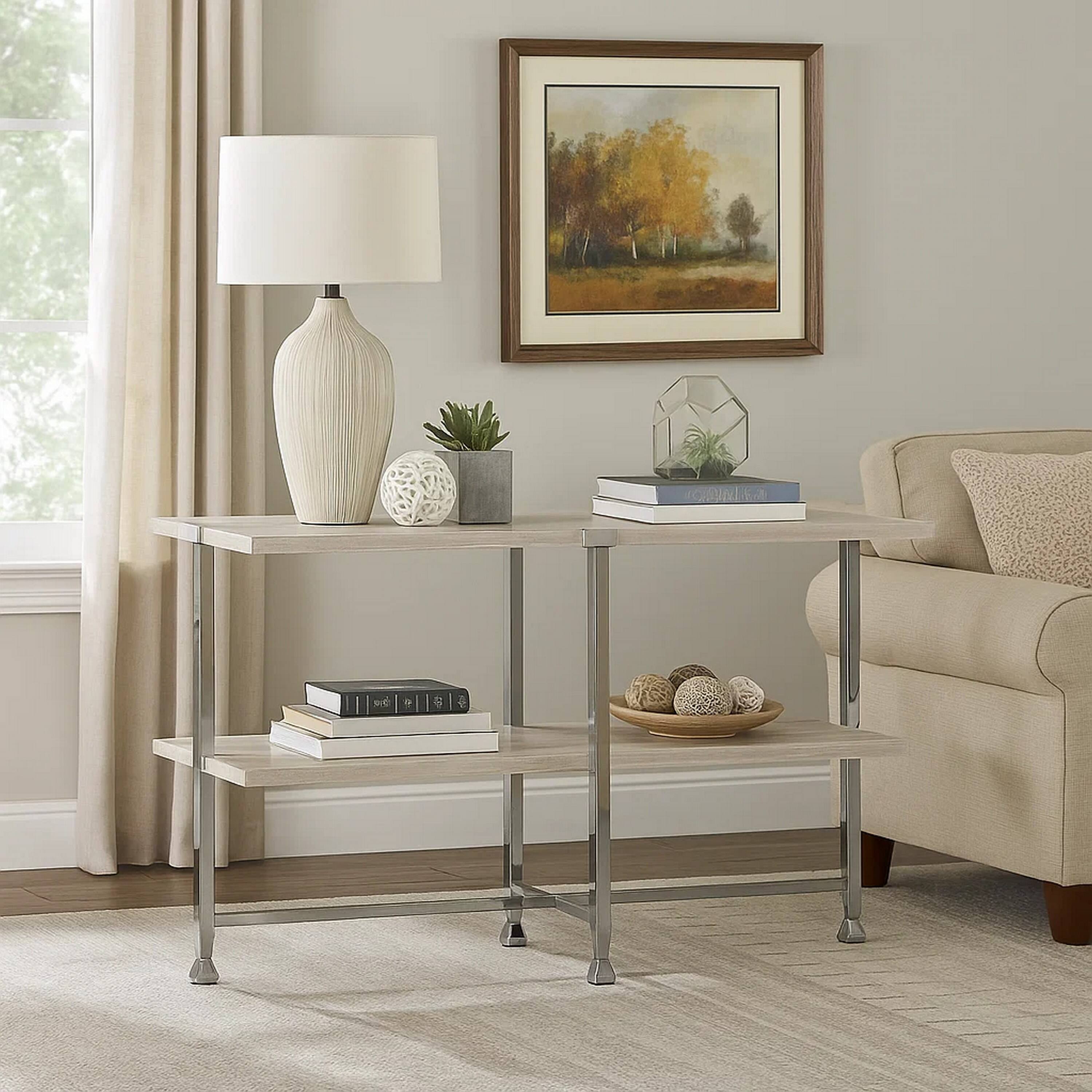 Alt View 6. Manhattan Lane - Sofa Table with X Shaped Metal Base and 2 Storage Shelves - Silver and Beige.