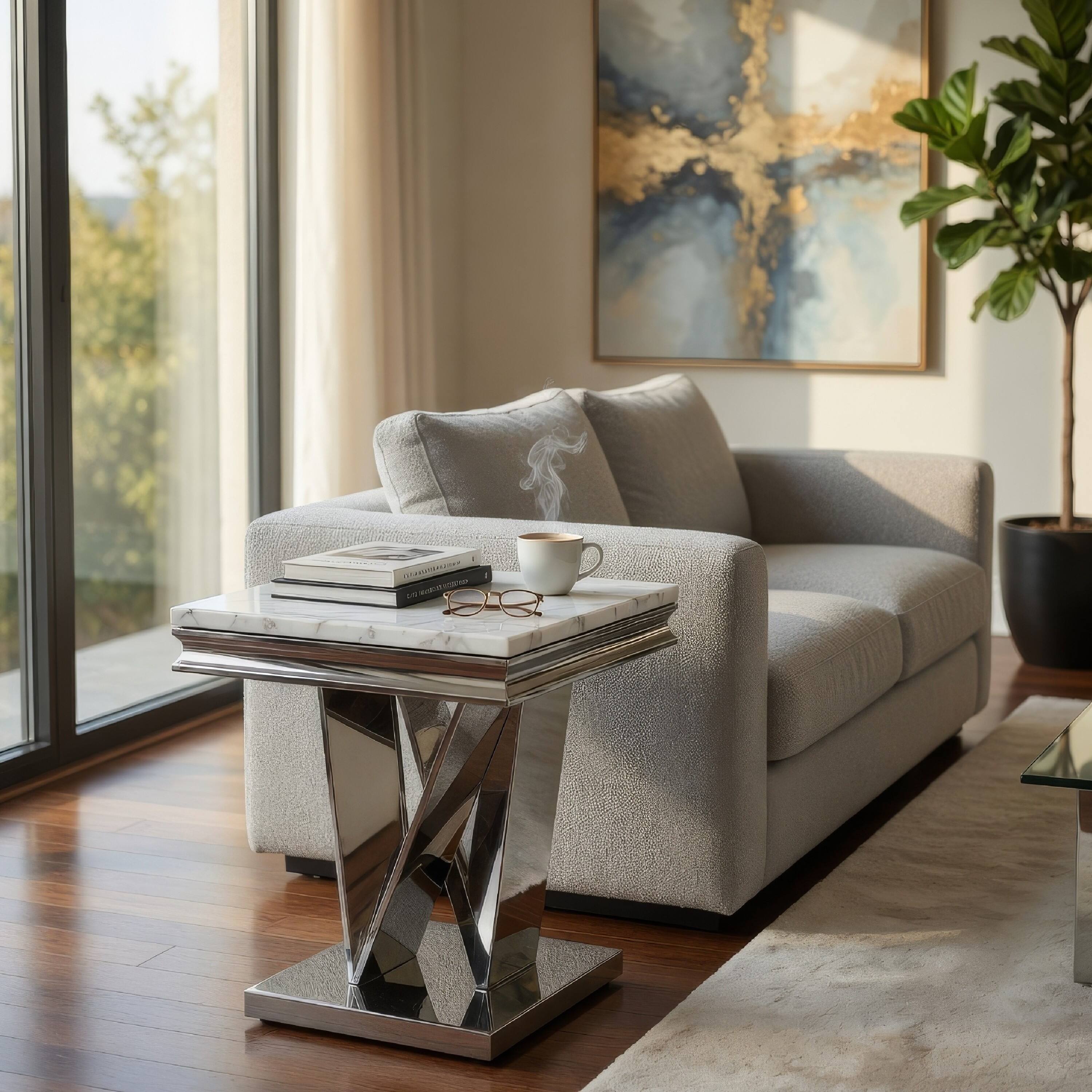 Alt View 5. Manhattan Lane - Vily Side End Table, 24 Inch Faux Marble Top, V-Style Chrome Pedestal - White, Chrome.