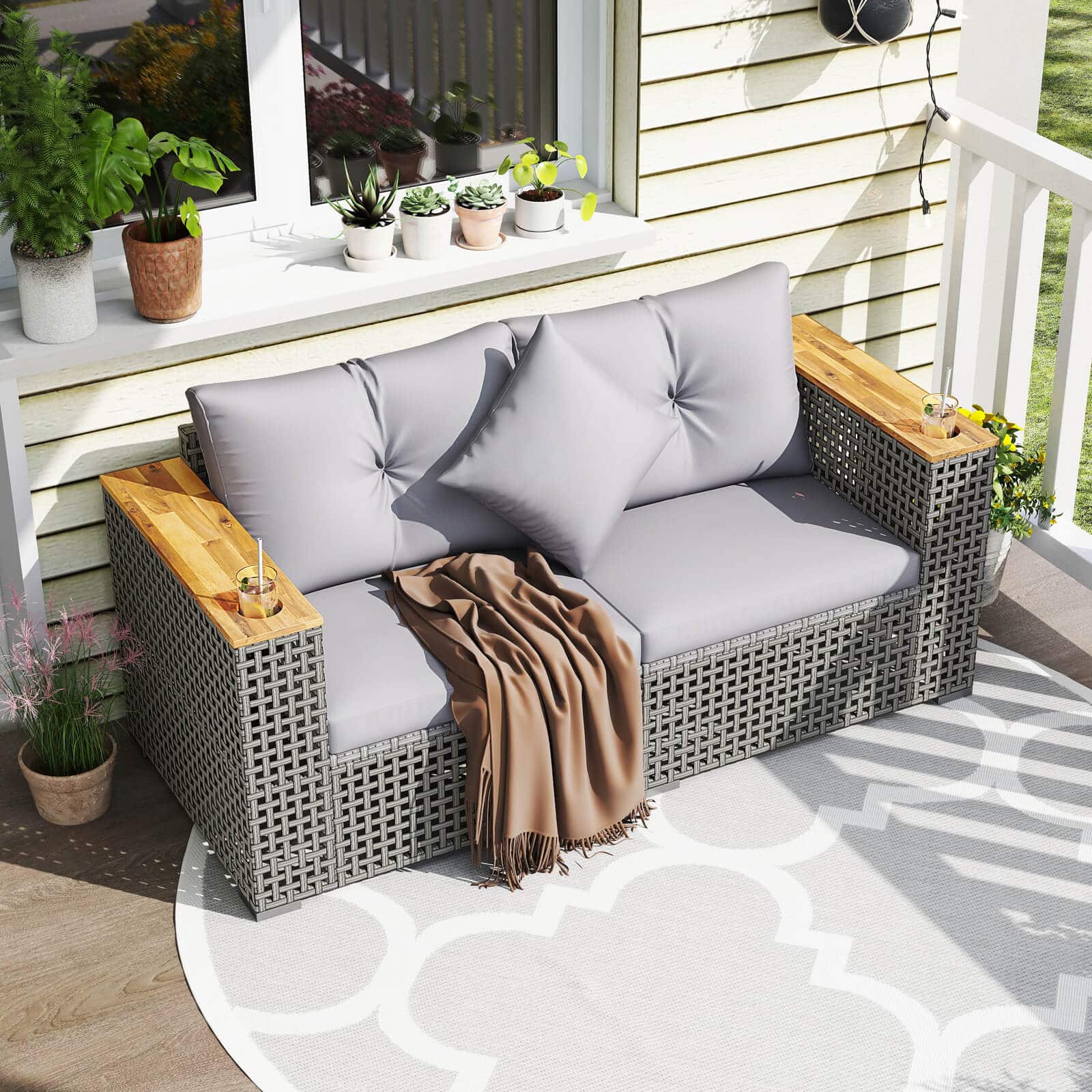 Costway - 2 PCS Patio Corner Sofa Set with Thick Cushions Wide Acacia Wood Armrests for Garden - Gray + Gray