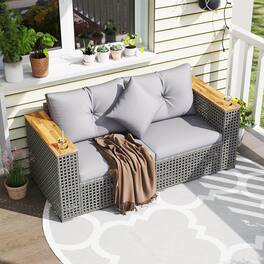 Costway - 2 PCS Patio Corner Sofa Set with Thick Cushions Wide Acacia Wood Armrests for Garden - Gray + Gray