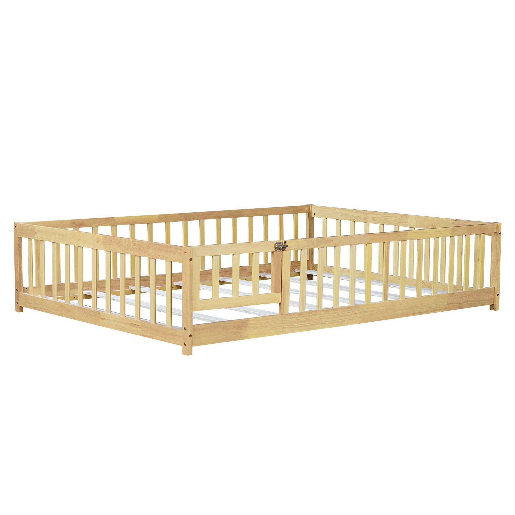 Alt View 10. GOODSILO - Full Size Low Profile Children's Floor Bed with Safety Guardrails and Entry Door, Solid Wood Construction - Natural.