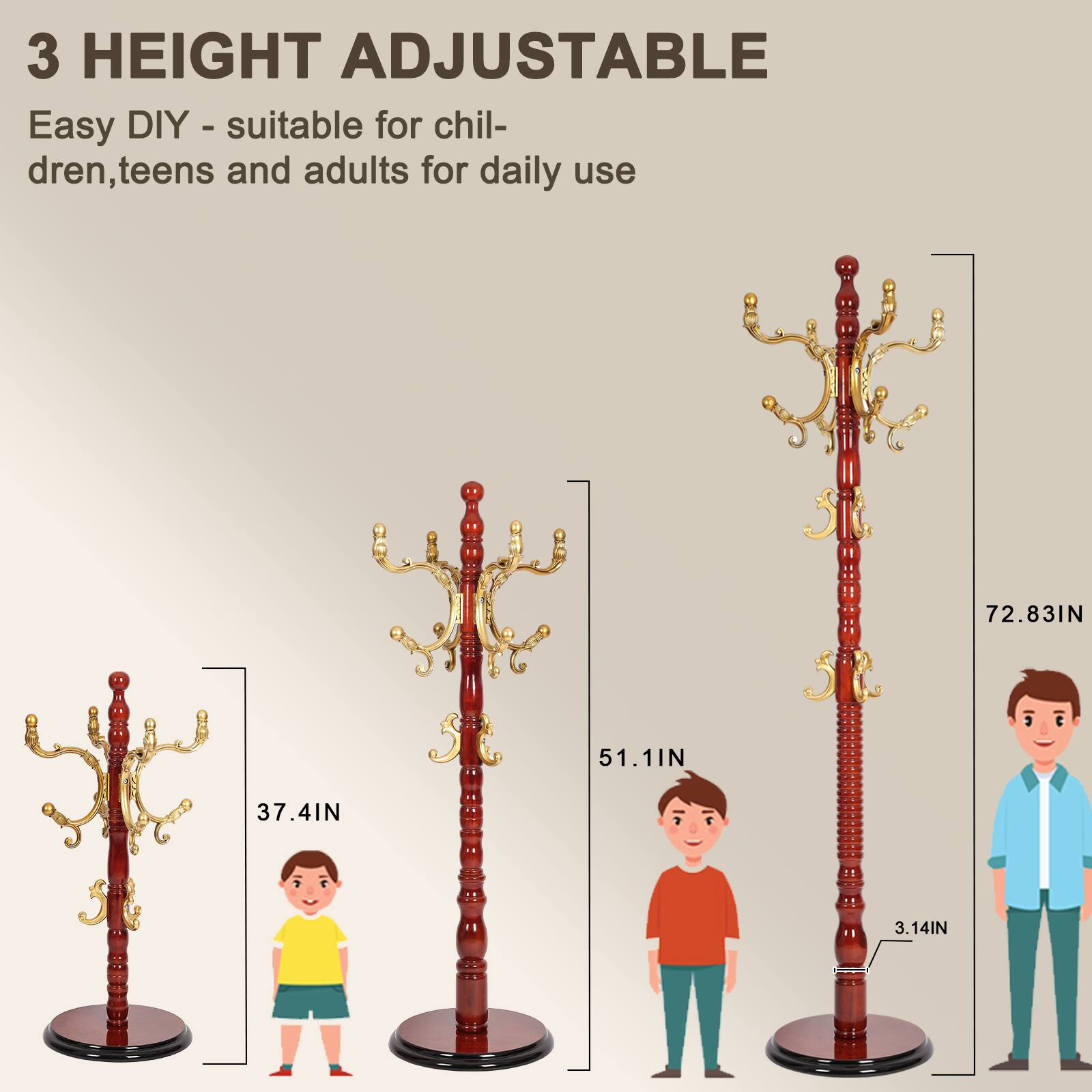 Alt View 4. Chateau Abodes - Solid Wood Coat Rack, Free Standing Hall Coat Tree with 14Hooks, 3 Height Options, 300lbs Load, Stury Base - Begonia.