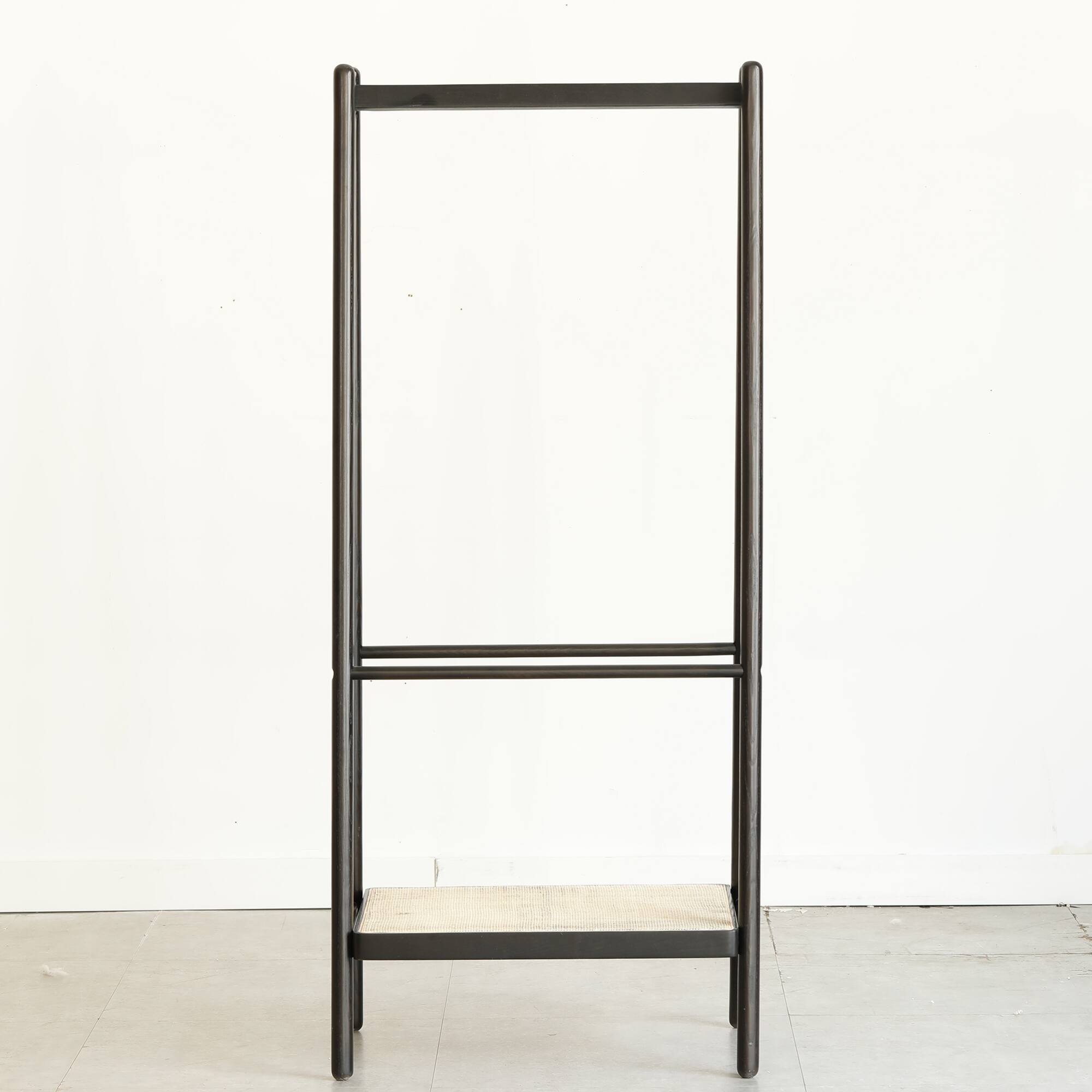 Angle. GOODSILO - Solid Wood Garment Rack with Shelves and Rattan Details, Freestanding Clothes Hanging Storage Organizer - Black.