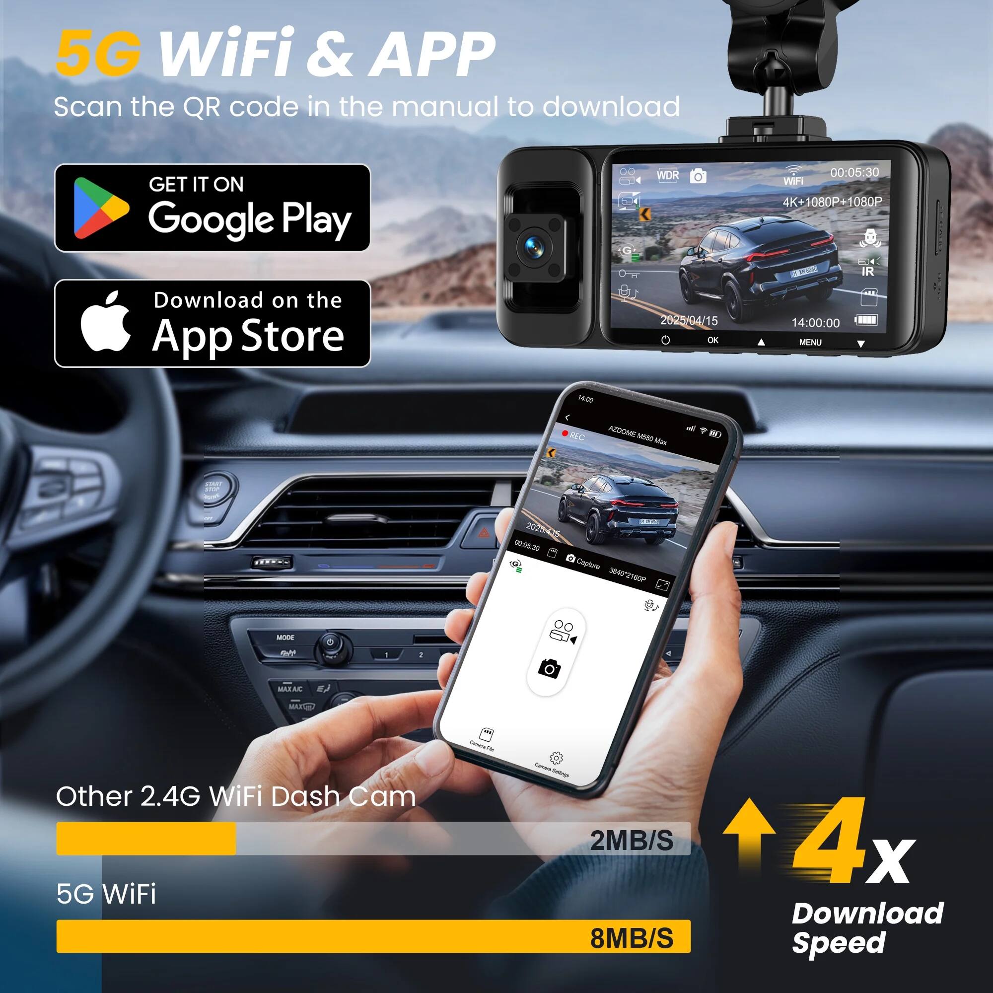 5G WiFi & APP  
Scan the QR code in the manual to download  

GET IT ON  
Google Play  

Download on the App Store  

Other 2.4G WiFi Dash Cam  
5G WiFi  

2MB/S  
4x  
8MB/S  
Download Speed
