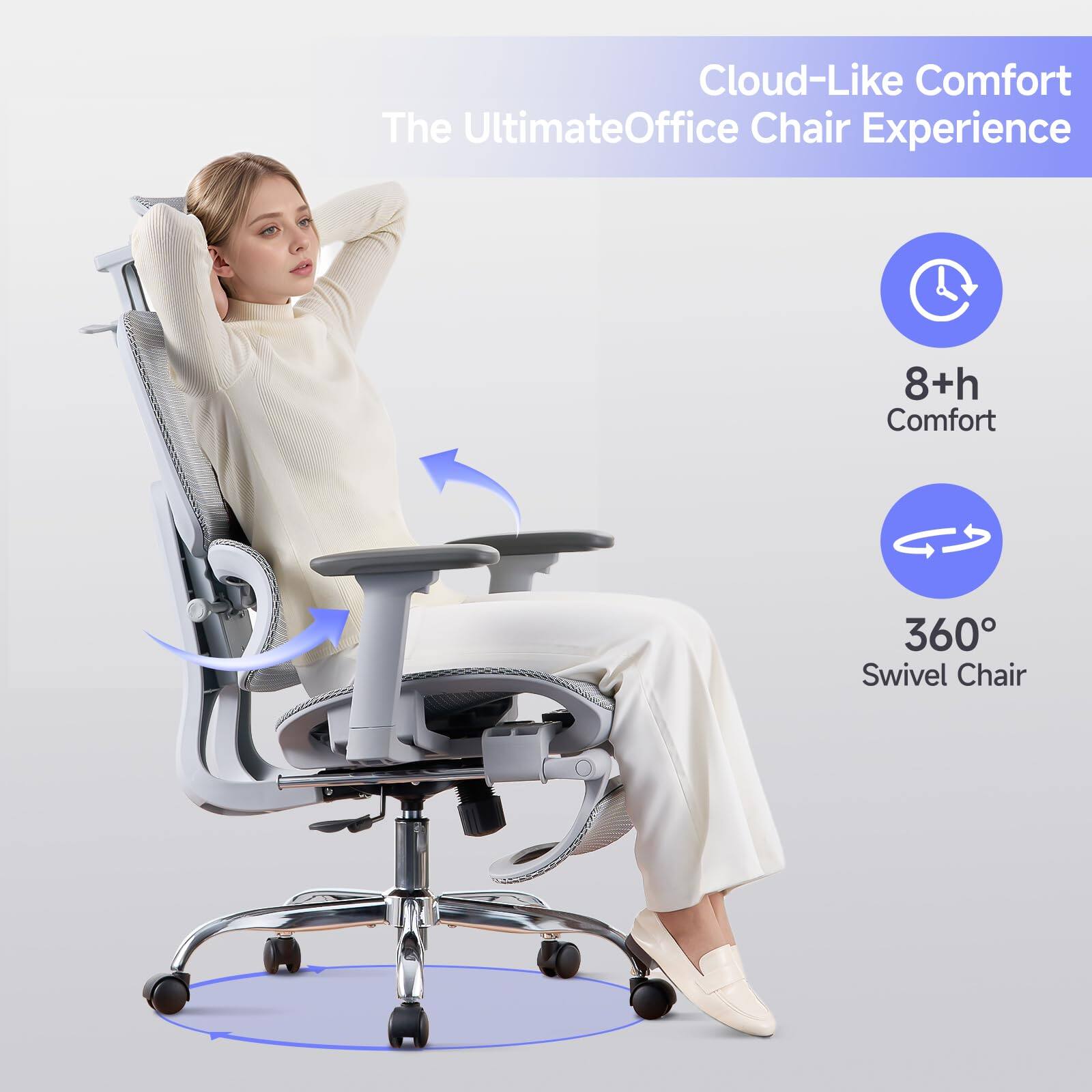 Cloud-Like Comfort  
The Ultimate Office Chair Experience  

8+h Comfort  
360° Swivel Chair