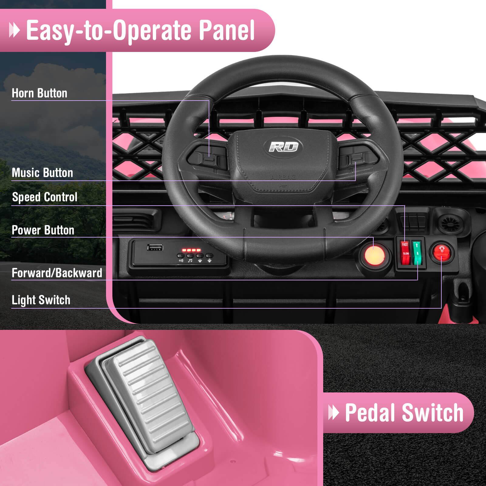 Easy-to-Operate Panel

- Horn Button
- Music Button
- Speed Control
- Power Button
- Forward/Backward Light Switch

Pedal Switch