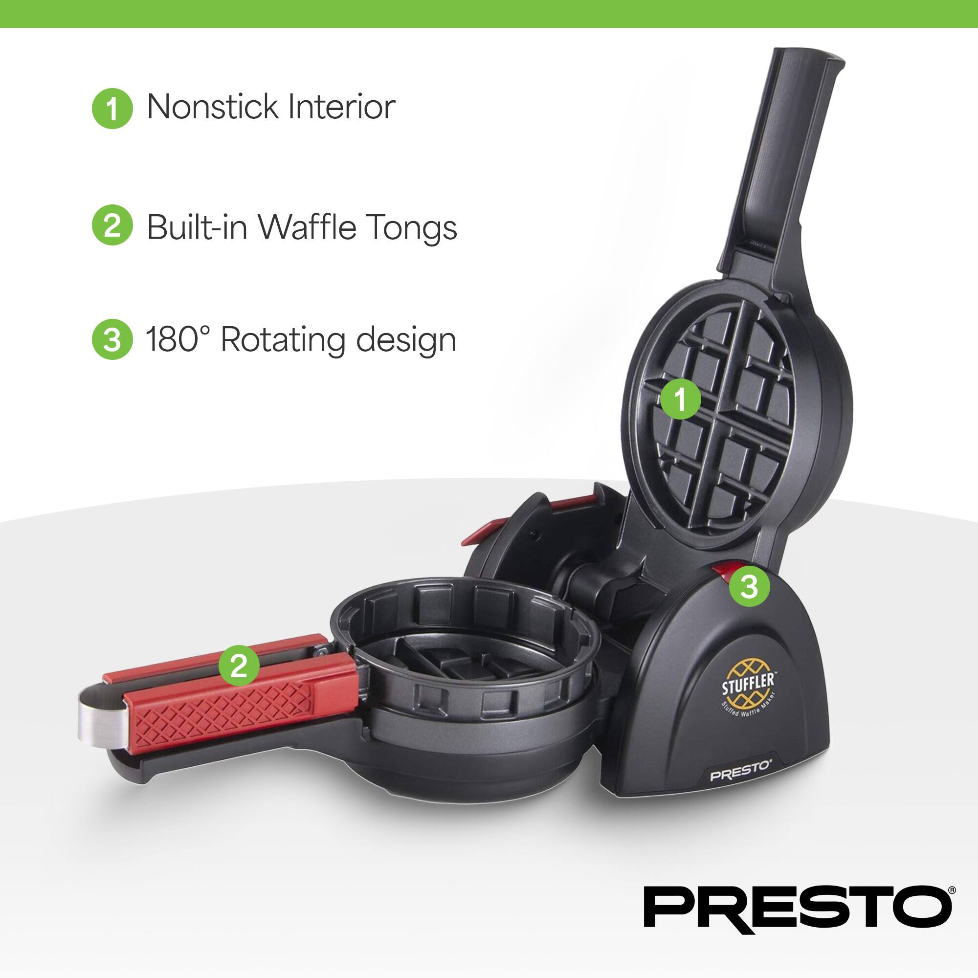 1. Nonstick Interior  
2. Built-in Waffle Tongs  
3. 180° Rotating design  

STUFFLER  
PRESTO