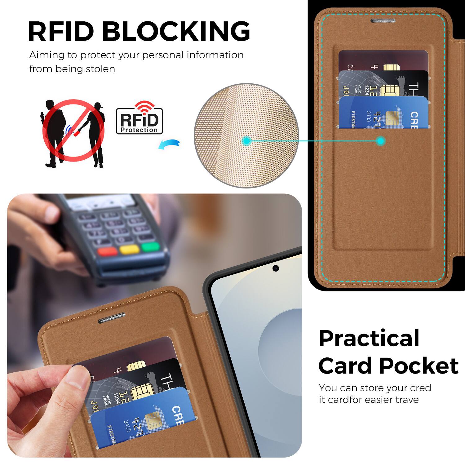 RFID BLOCKING  
Aiming to protect your personal information from being stolen

RFID Protection

Practical Card Pocket  
You can store your credit card for easier travel
