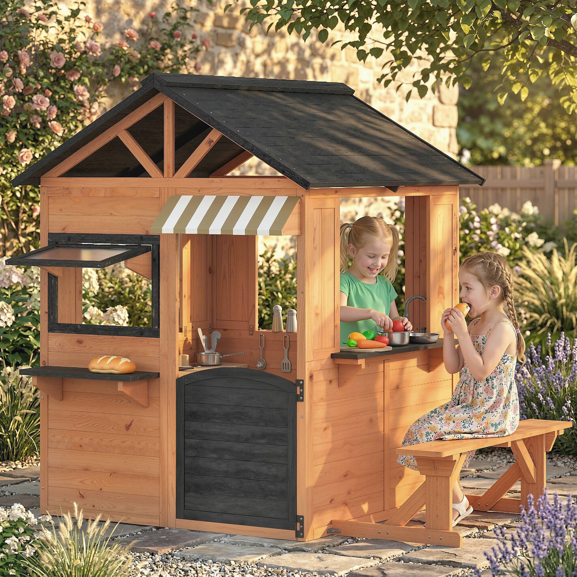 Alt View 1. Qaba - Kids Playhouse with Play Kitchen, Picnic Bench, Serving Station, Windows and Door for Backyard - Brown.
