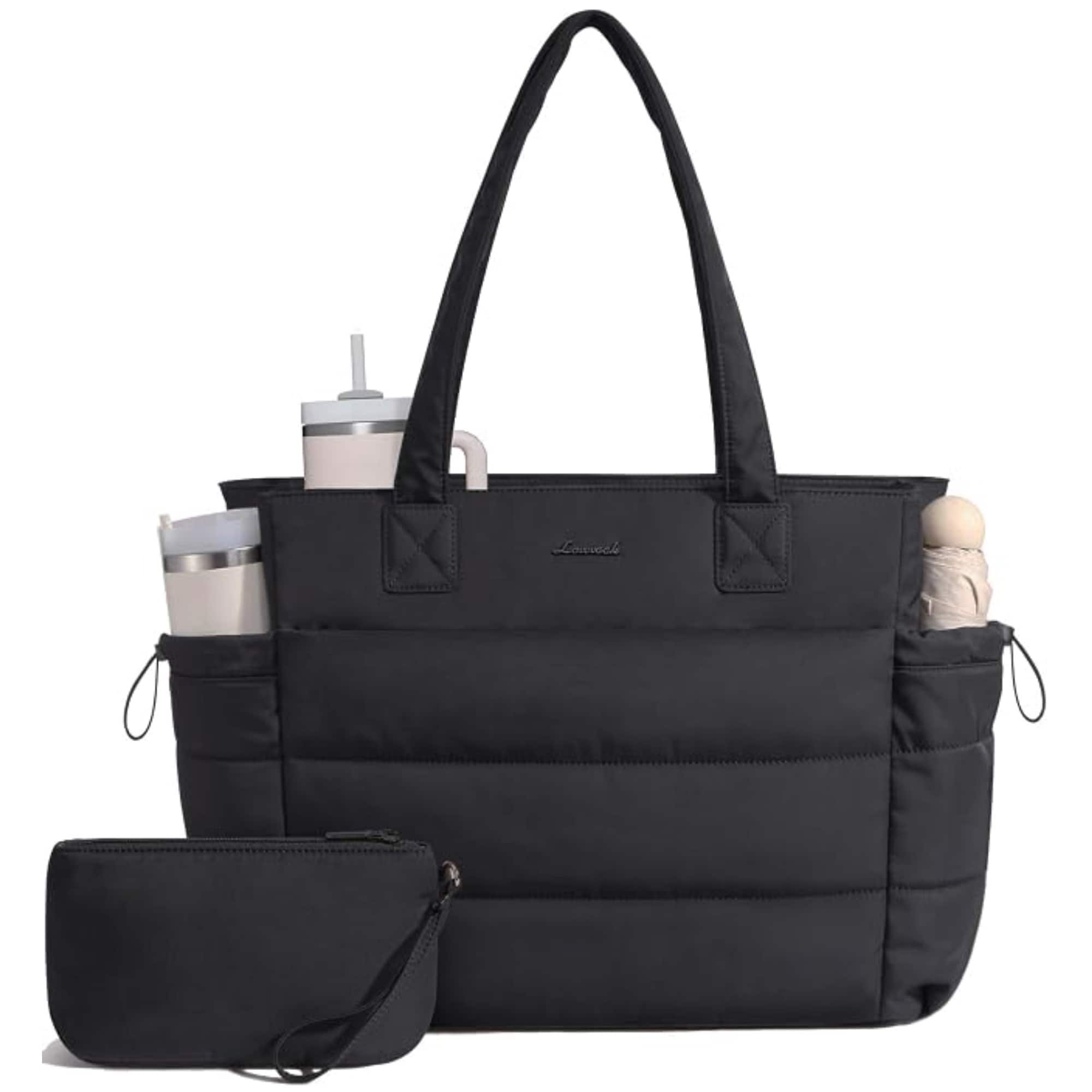 LOVEVOOK - Tote Bag for Women with Giant Tumbler Holder Pocket, Puffer Work Travel Laptop Handbag with Zipper - Black