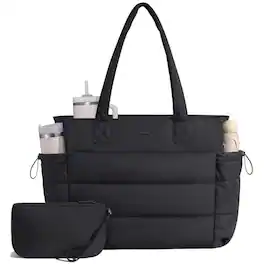 LOVEVOOK - Tote Bag for Women with Giant Tumbler Holder Pocket, Puffer Work Travel Laptop Handbag with Zipper - Black