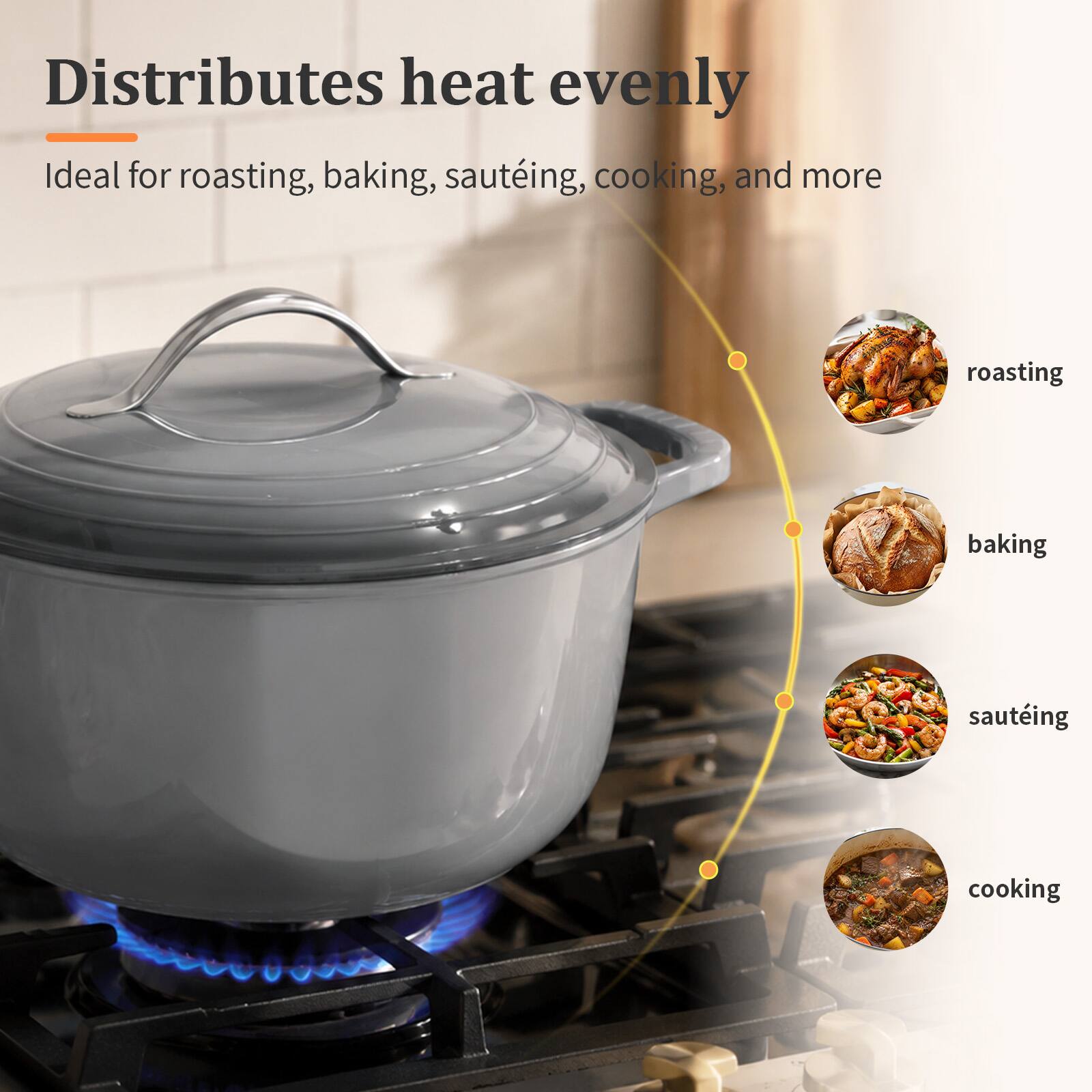 Distributes heat evenly  
Ideal for roasting, baking, sautéing, cooking, and more

roasting  
baking  
sautéing  
cooking