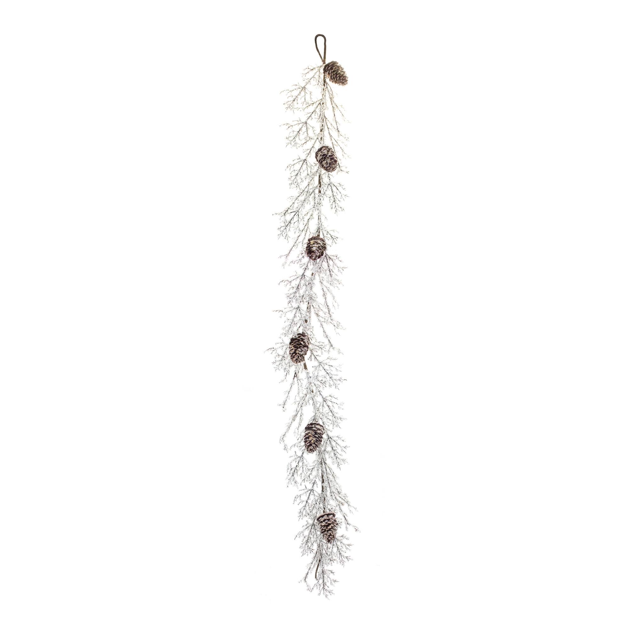 Angle. BreeBe - Iced Twig Garland with Pinecones 5'L - White, Brown.