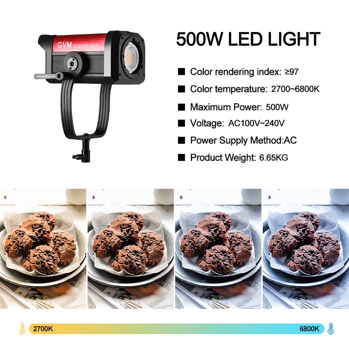 GVM SD500B AIO  
500W LED LIGHT  
www.gvmled.com  

- Color rendering index: ≥97  
- Color temperature: 2700~6800K  
- Maximum Power: 500W  
- Voltage: AC100V~240V  
- Power Supply Method: AC  
- Product Weight: 6.65KG  

2700K  
6800K