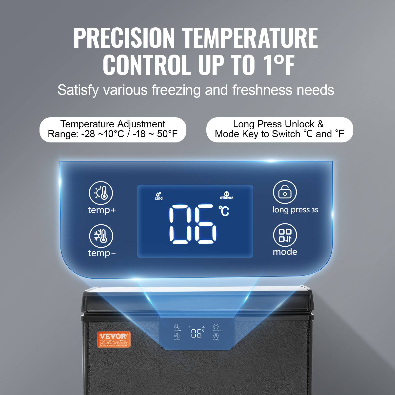 PRECISION TEMPERATURE CONTROL UP TO 1°F

Satisfy various freezing and freshness needs

Temperature Adjustment Range: -28 ~ 10°C / -18 ~ 50°F

Long Press Unlock & Mode Key to Switch °C and °F

temp+
temp-
cold
06°C
long press 3s
mode

VEVOR