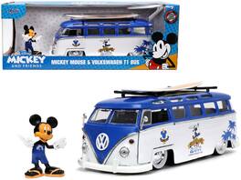 Jada - Volkswagen T1 Bus Blue White with Nostalgic Islands Ride the Wave Graphics and Mickey Mouse Figure Surfboard 1/24 - Blue And White