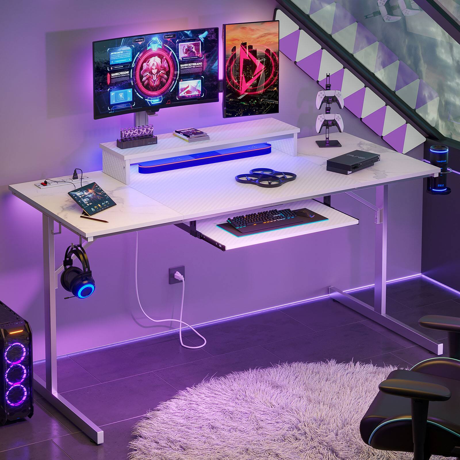 Alt View 15. Bestier - Bestier 63inch Gaming Desk with LED Lighting and Keyboard Tray - White.
