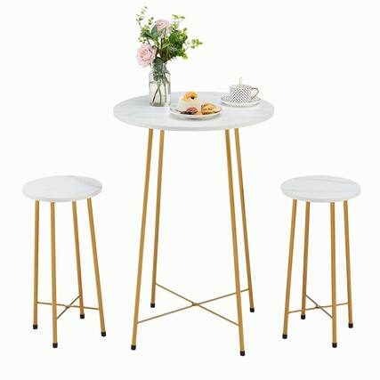 Front. Vecelo - 3-Piece Pub Table Set - Counter Height Table & 2 Stools,Breakfast & Coffee Table for Small Spaces, Compact Bistro Set - Gold.