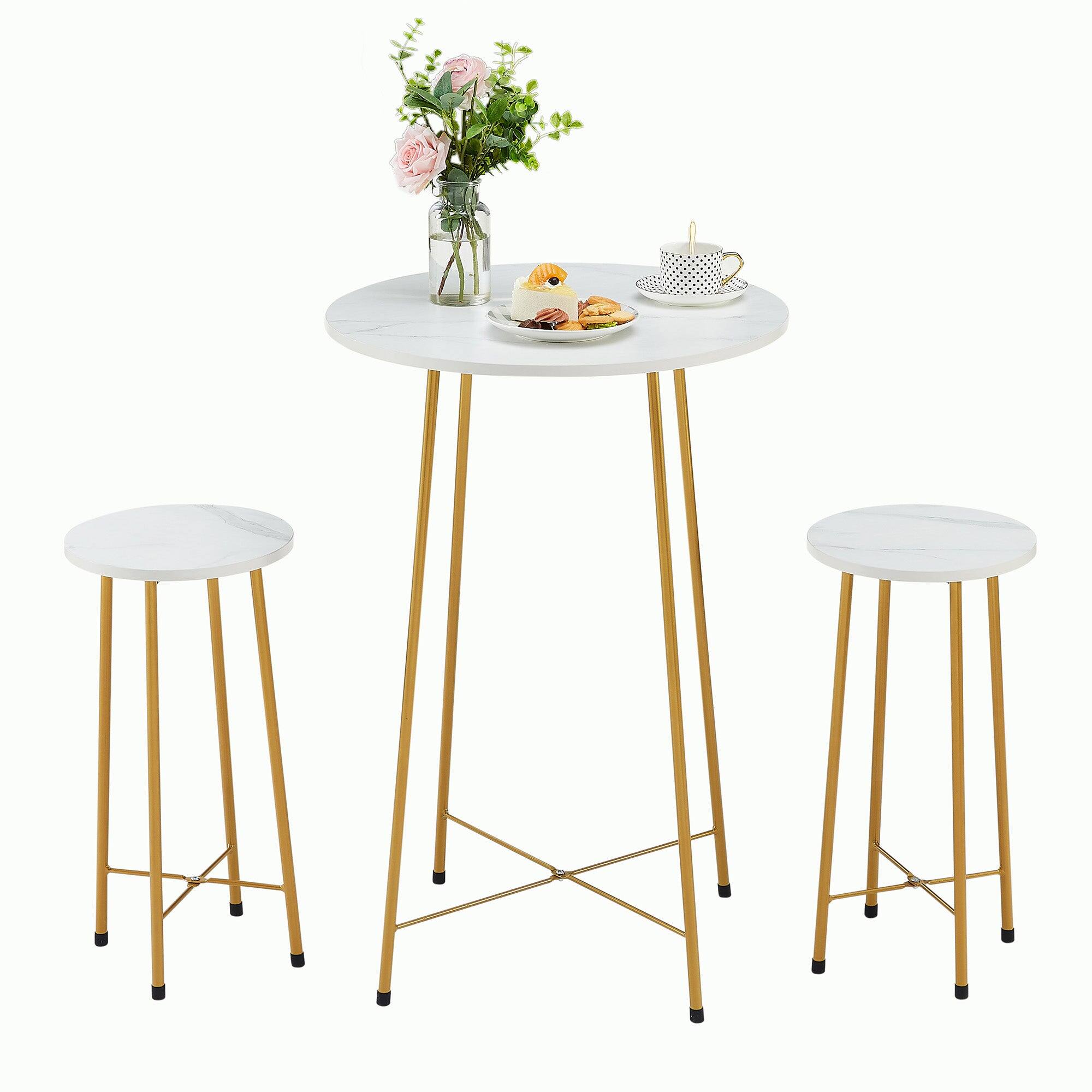 Front. Vecelo - 3-Piece Pub Table Set - Counter Height Table & 2 Stools,Breakfast & Coffee Table for Small Spaces, Compact Bistro Set - Gold.