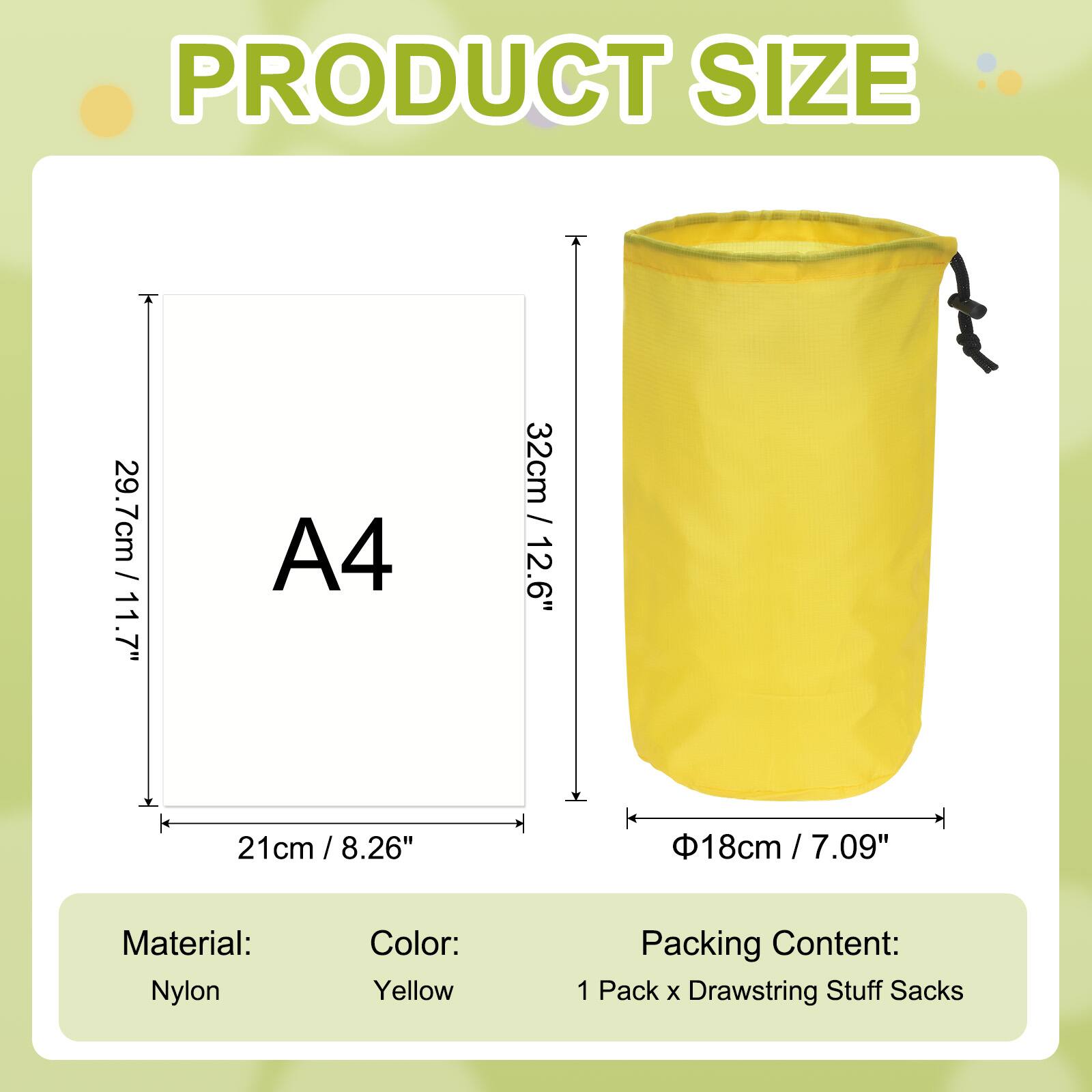PRODUCT SIZE

- A4
  - 29.7cm / 11.7"
  - 21cm / 8.26"

- 32cm / 12.6"
- Φ18cm / 7.09"

Material: Nylon  
Color: Yellow  
Packing Content: 1 Pack x Drawstring Stuff Sacks
