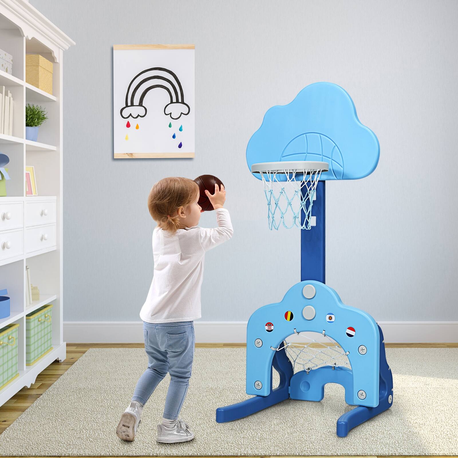 Alt View 1. Ecooso - 3-in-1 Kids Adjustable Basketball Hoop Set with Balls - Green/Blue/White.