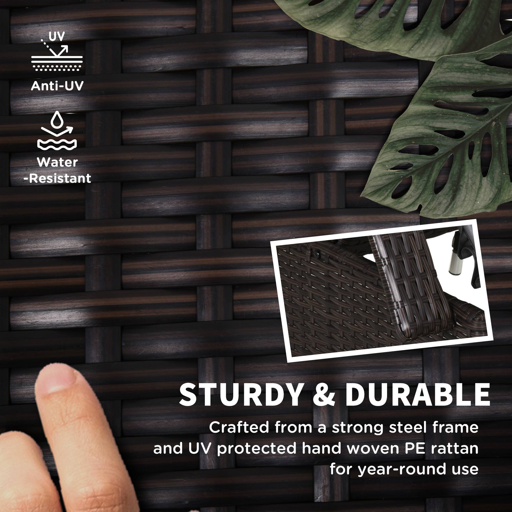 STURDY & DURABLE
Crafted from a strong steel frame and UV protected hand woven PE rattan for year-round use
UV Anti-UV
Water -Resistant