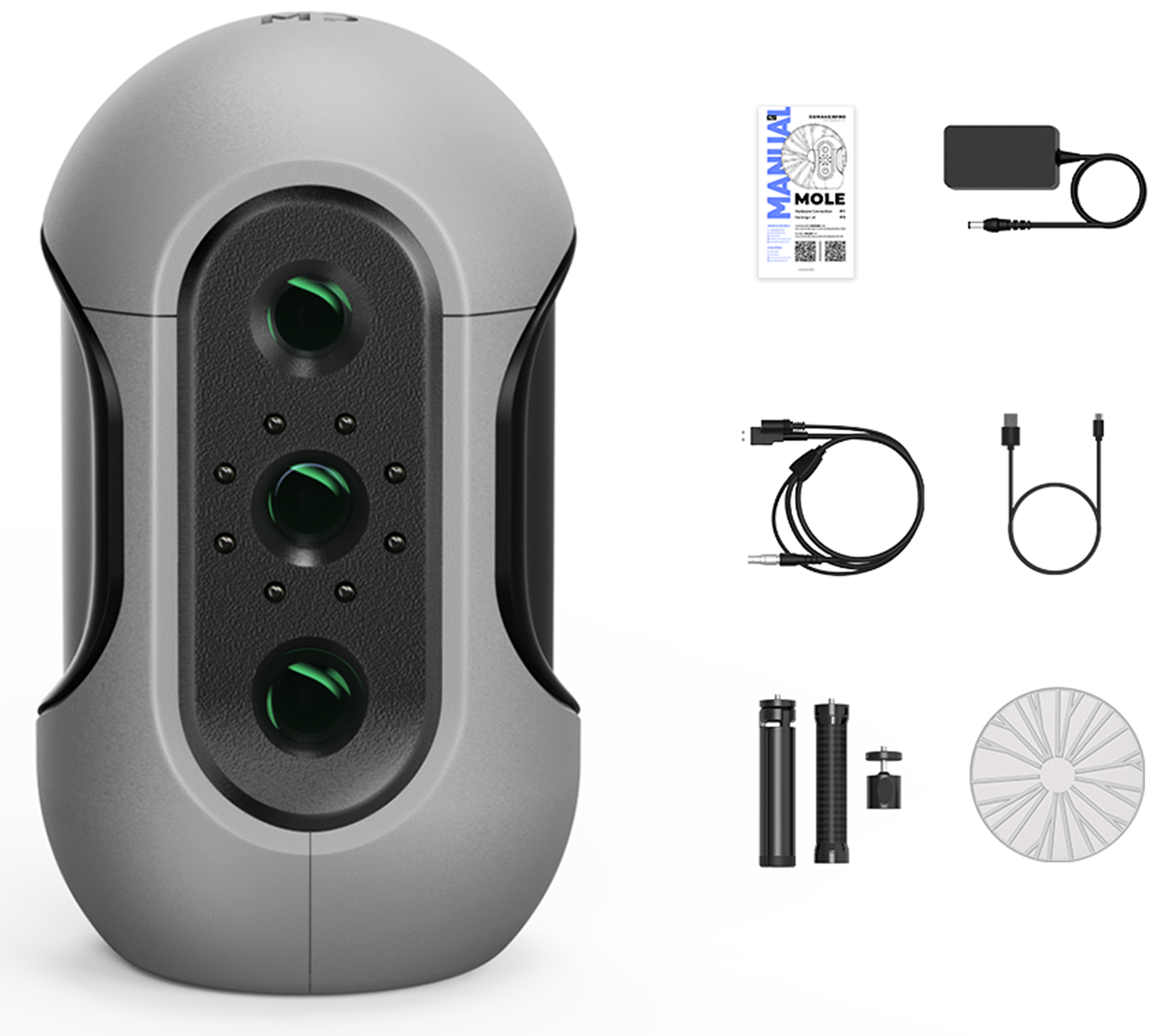 The image features a camera with a manual and a box of 8 Mole. The camera is shown in a close-up view, and the manual is placed next to it. The box of 8 Mole is also present in the image, indicating that it is part of the camera setup.