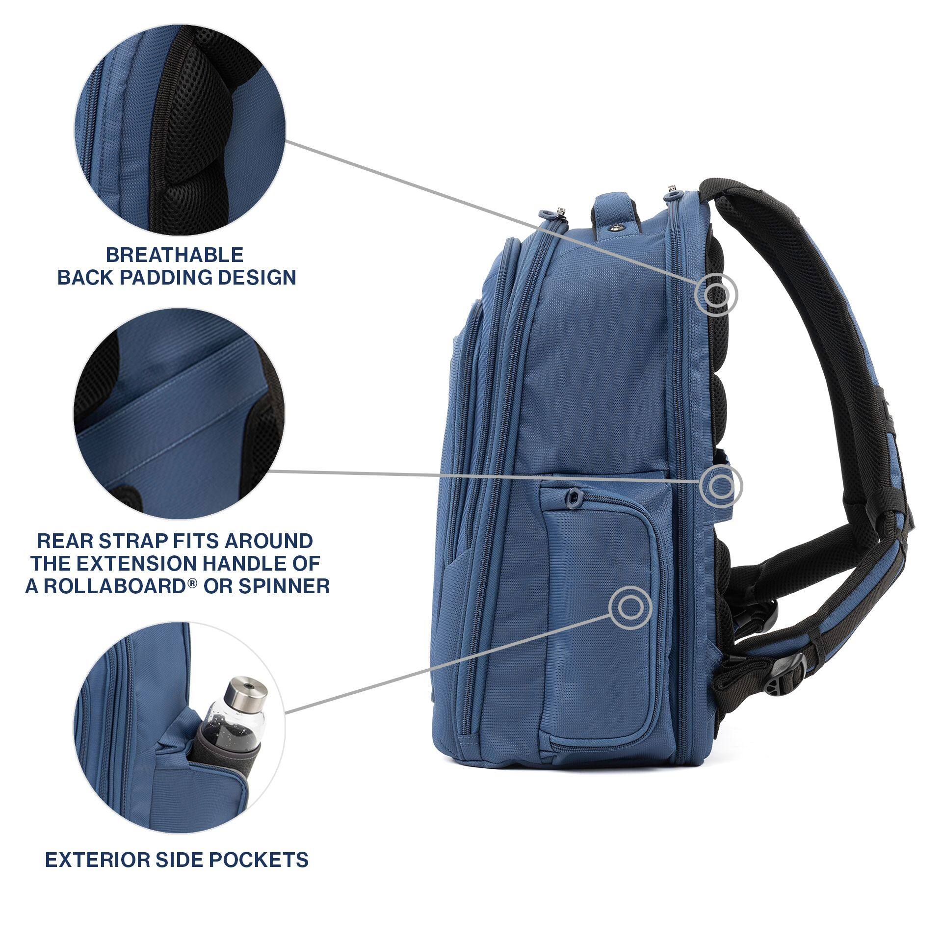 BREATHABLE BACK PADDING DESIGN  
REAR STRAP FITS AROUND THE EXTENSION HANDLE OF A ROLLABOARD® OR SPINNER  
EXTERIOR SIDE POCKETS