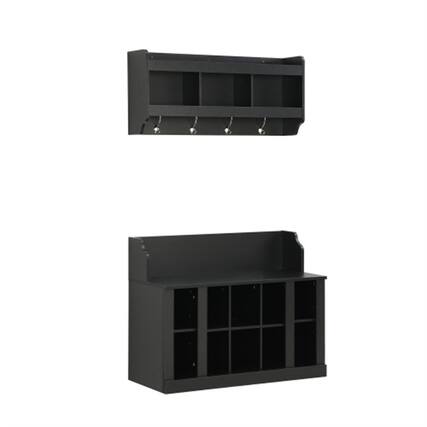 Front. ALEXOUN - Coat Rack,with Shelves and 4 Hooks - Hall Tree with Wall Shoe Storage Bench Mounted Entryway Organizer for Hallway - Black.