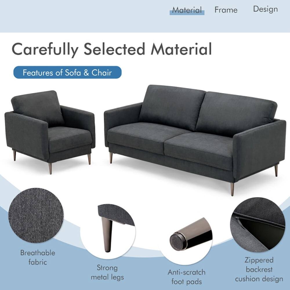 Material Frame Design

Carefully Selected Material

Features of Sofa & Chair

- Breathable fabric
- Strong metal legs
- Anti-scratch foot pads
- Zippered backrest cushion design